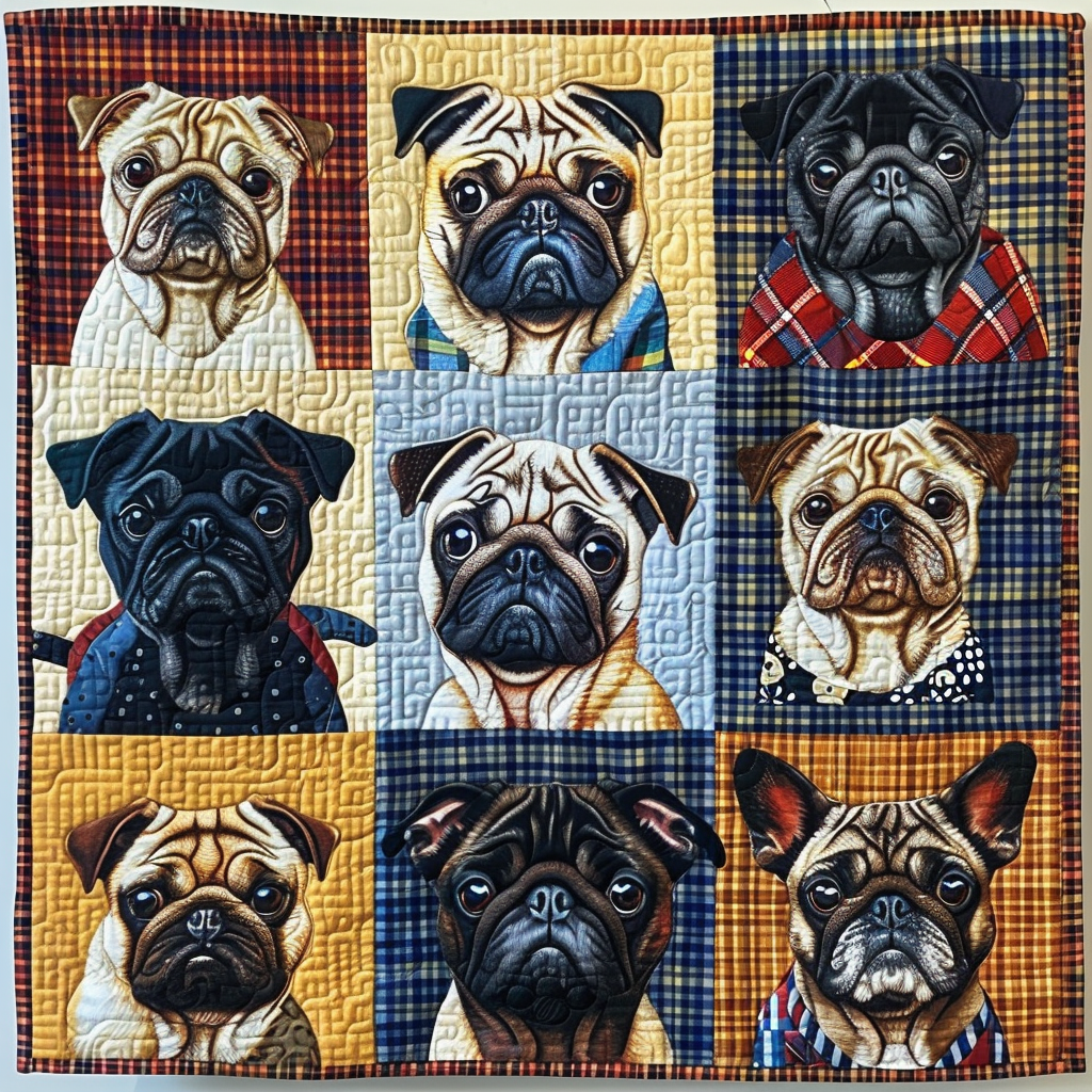 Pugs in Plaid Quilted Blanket Great Dog Christmas Gifts