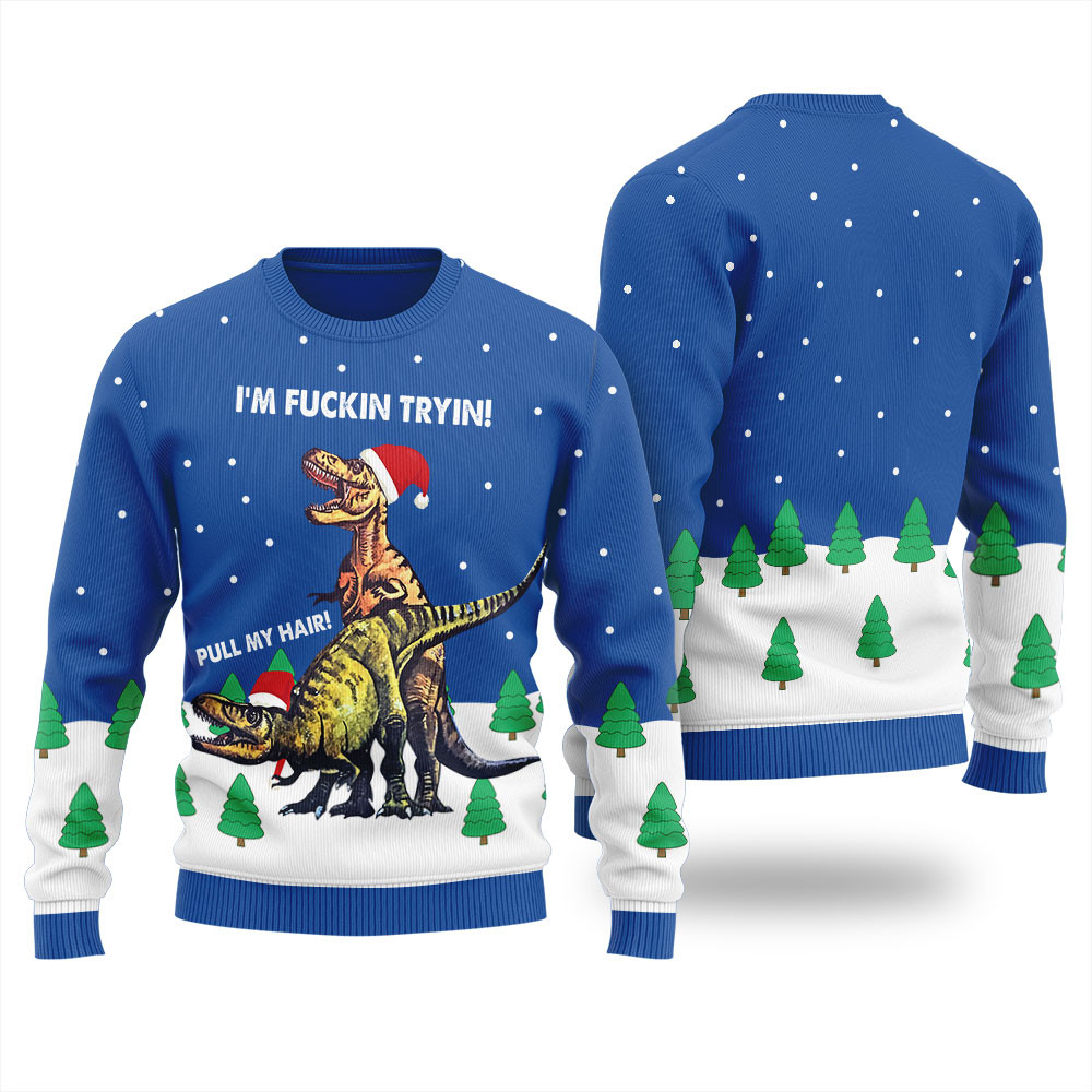 Pull My Hair Dinosaur Dirty Mens Ugly Sweater Holiday Merch That Makes a Perfect Christmas Gift