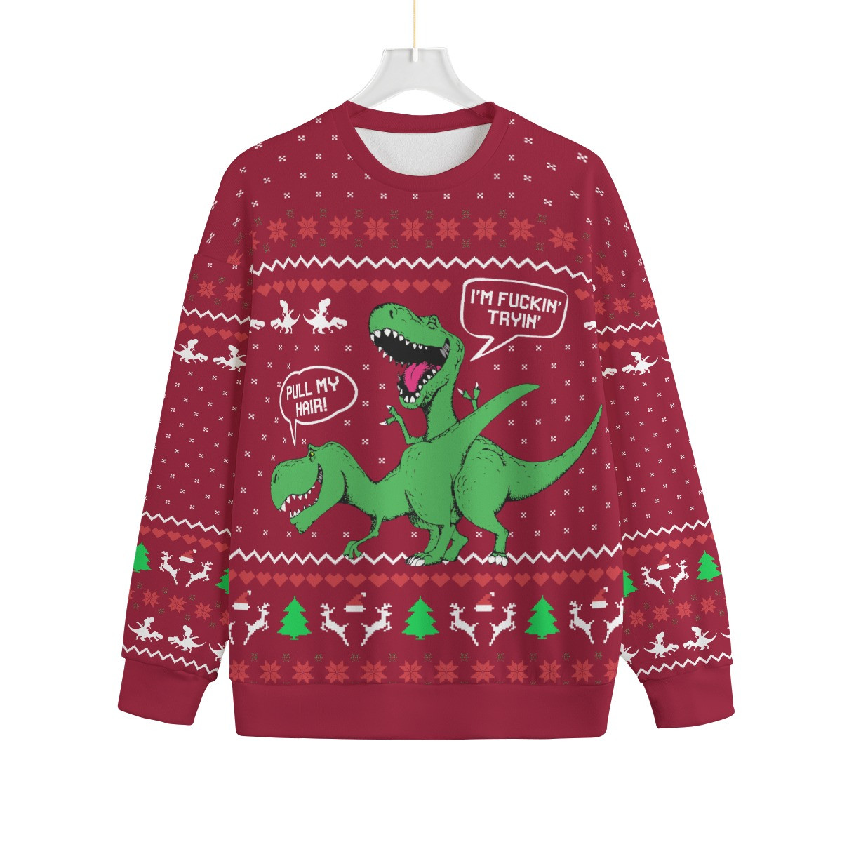 Pull My Hair Naughty Dinosaur Plus Size Ugly Christmas Sweater Adults Warm and Comfy Sweater for Winter Days