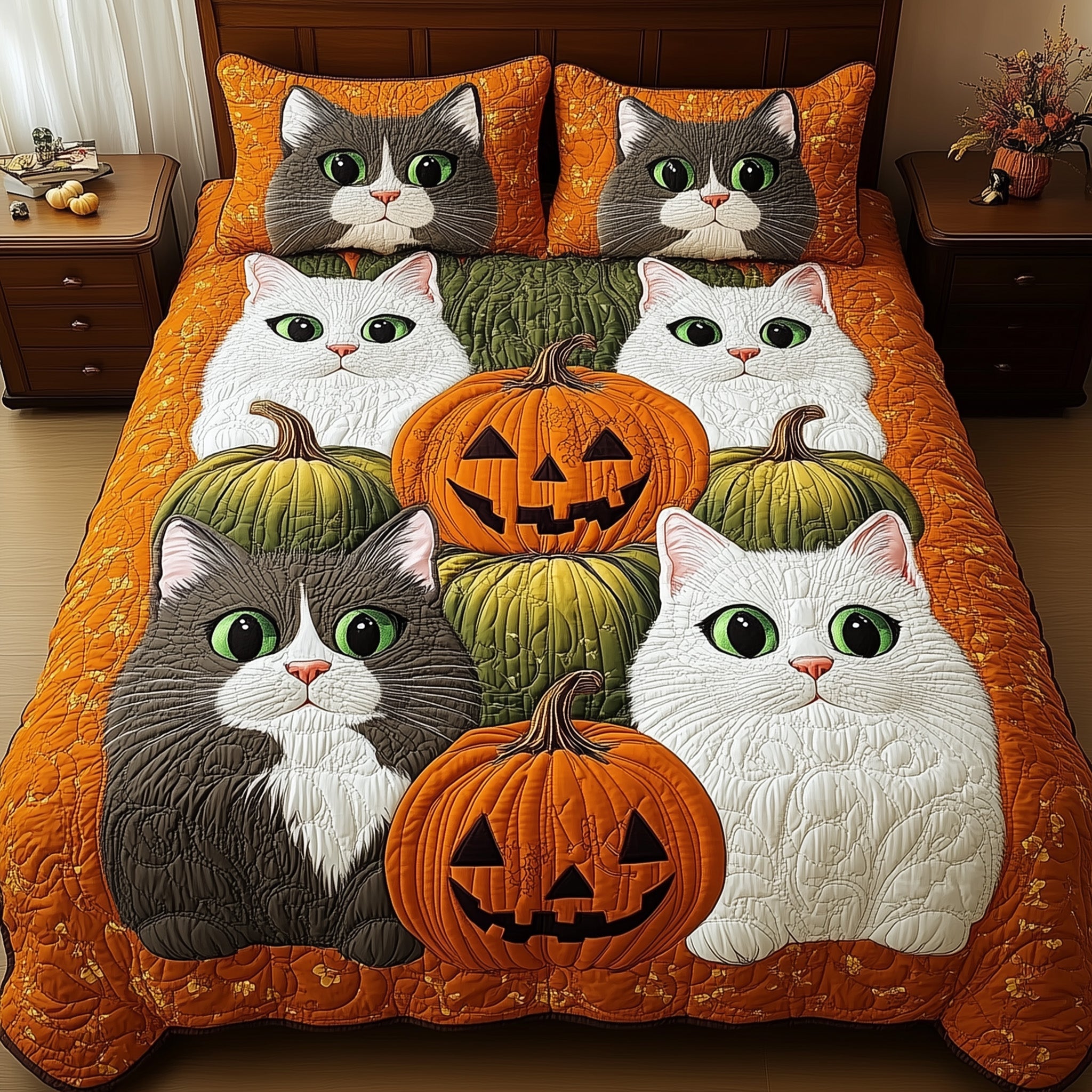 Pumpkin And Cat Quilted Bedding Set Cute Pumpkin And Cat Design Halloween Bedding Gift Ideas
