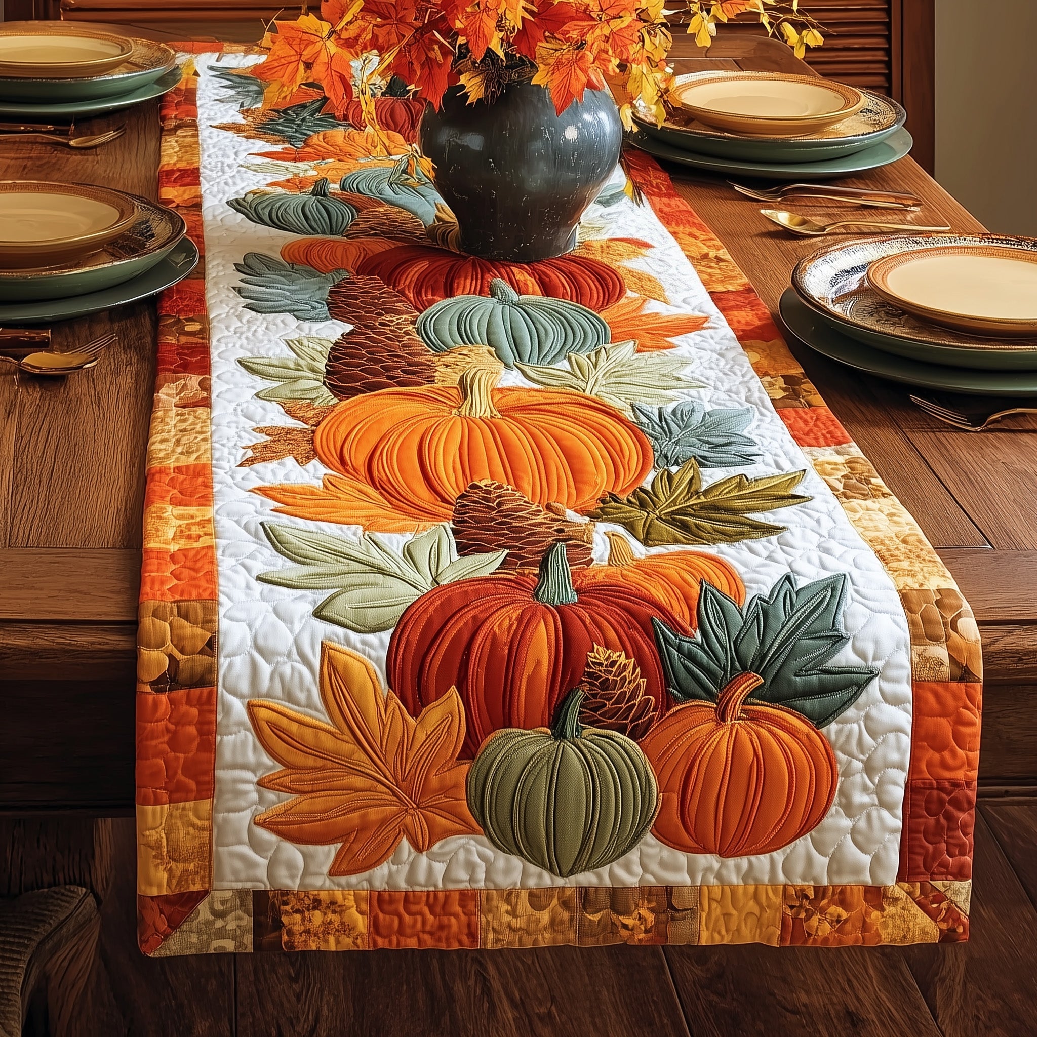Pumpkin Autumn Quilted Table Runner Holiday Table Runner Gift Idea
