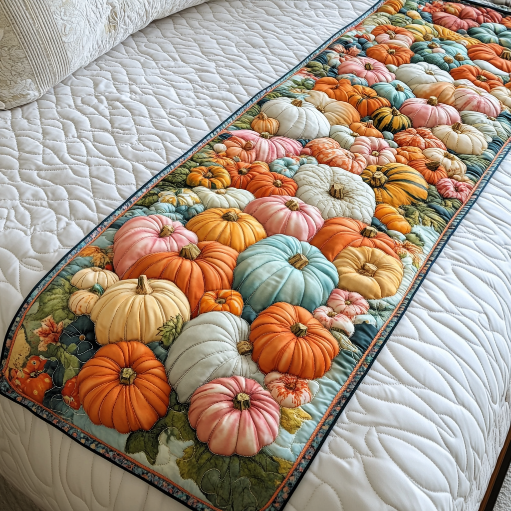 Pumpkin Bliss Quilted Bed Runner Autumn Bedroom Decor Great Family Gifts