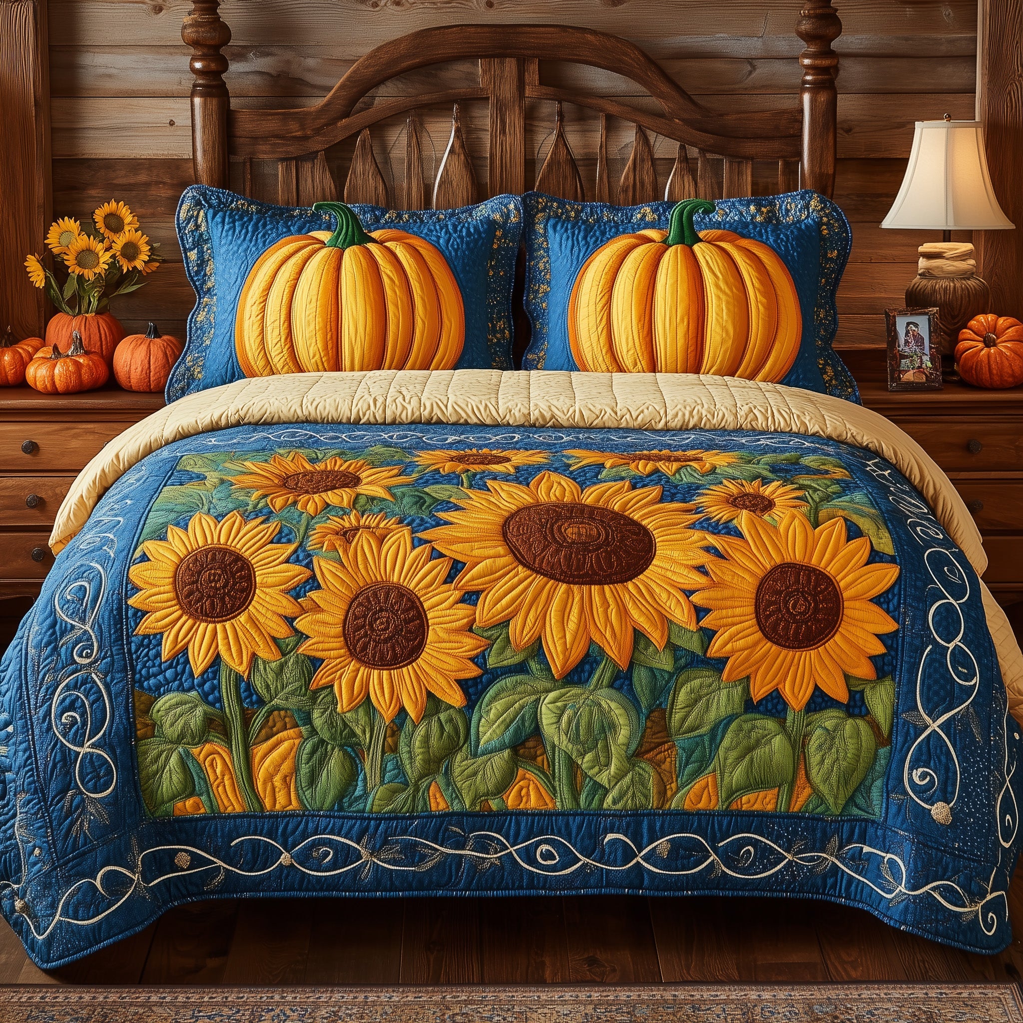 Pumpkin Bliss Quilted Bedding Set Cozy Fall Theme Best Thanksgiving Bedding Gifts