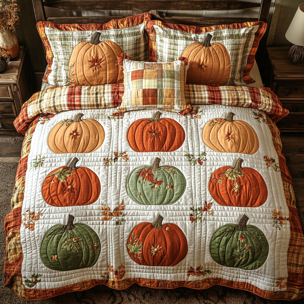 Pumpkin Bliss Quilted Bedding Set Cute Room Decor Gift Ideas For Fall
