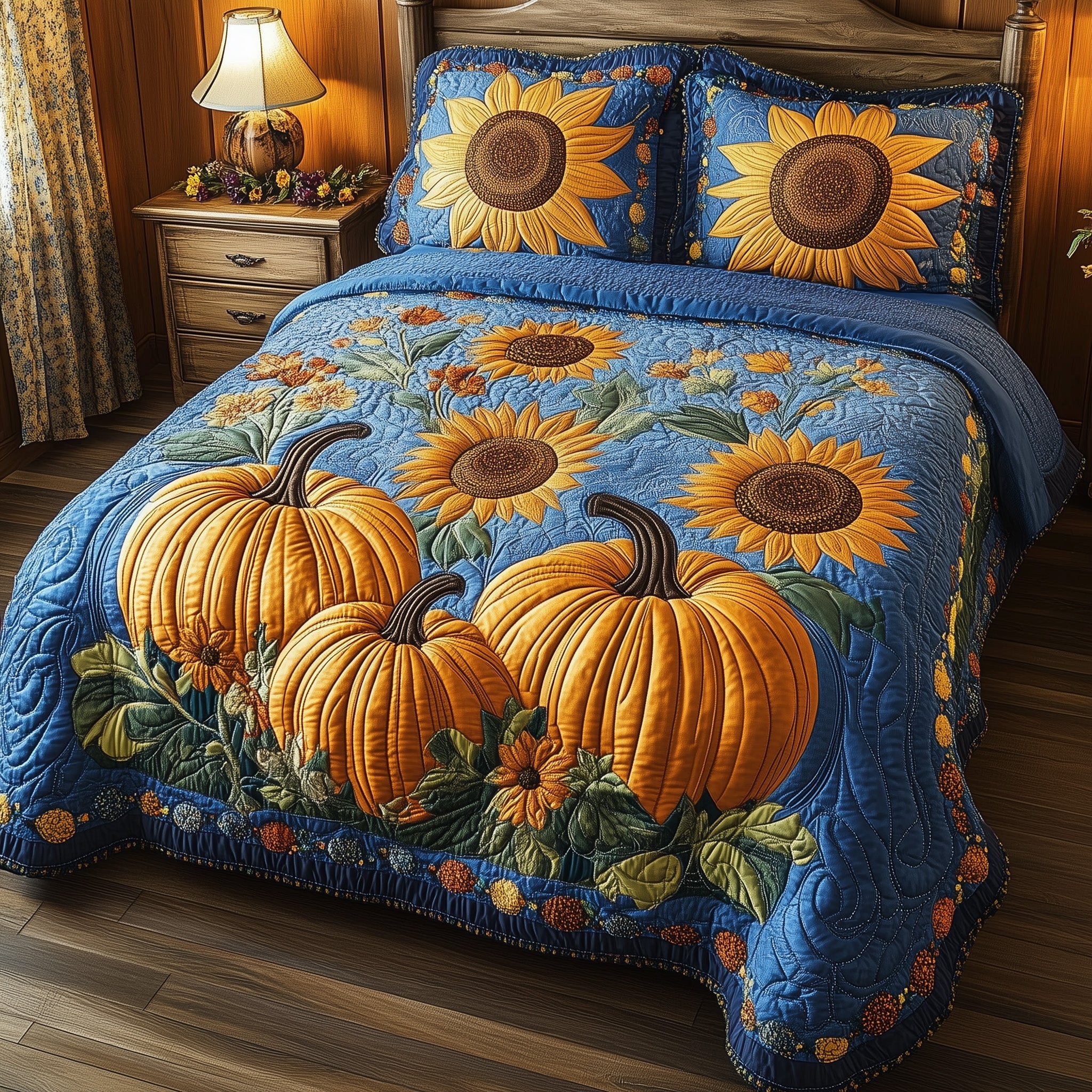 Pumpkin Bliss Quilted Bedding Set Pumpkin Sunflowers Theme Best Holiday Bedding Gifts
