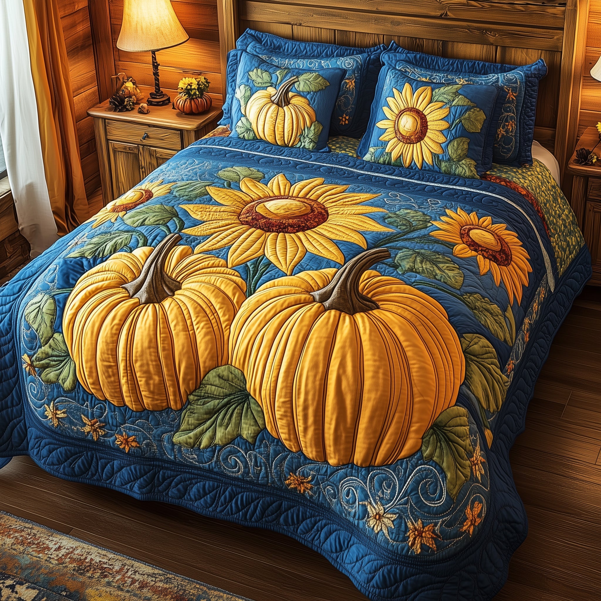 Pumpkin Bliss Sunflowers Quilted Bedding Set Rustic Pumpkin Cool Thanksgiving Bedding Presents