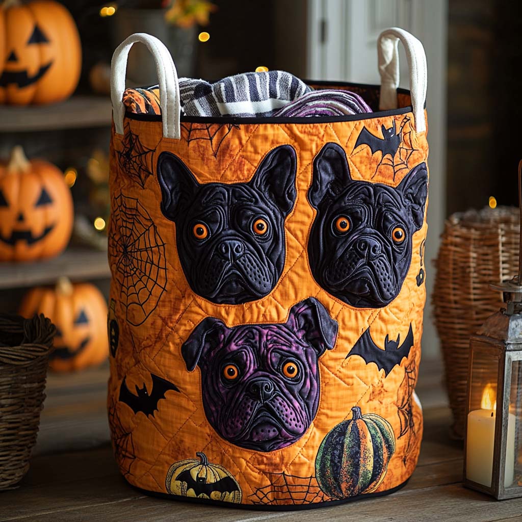 Pumpkin Bulldog Trio Quilted Laundry Basket New Year Merch Gift