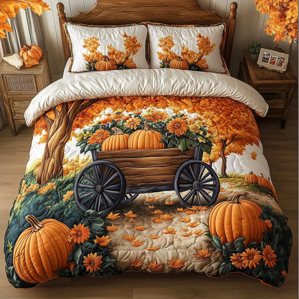 Pumpkin Charm Quilted Bedding Set Bed Decorations Small Fall Gift Ideas