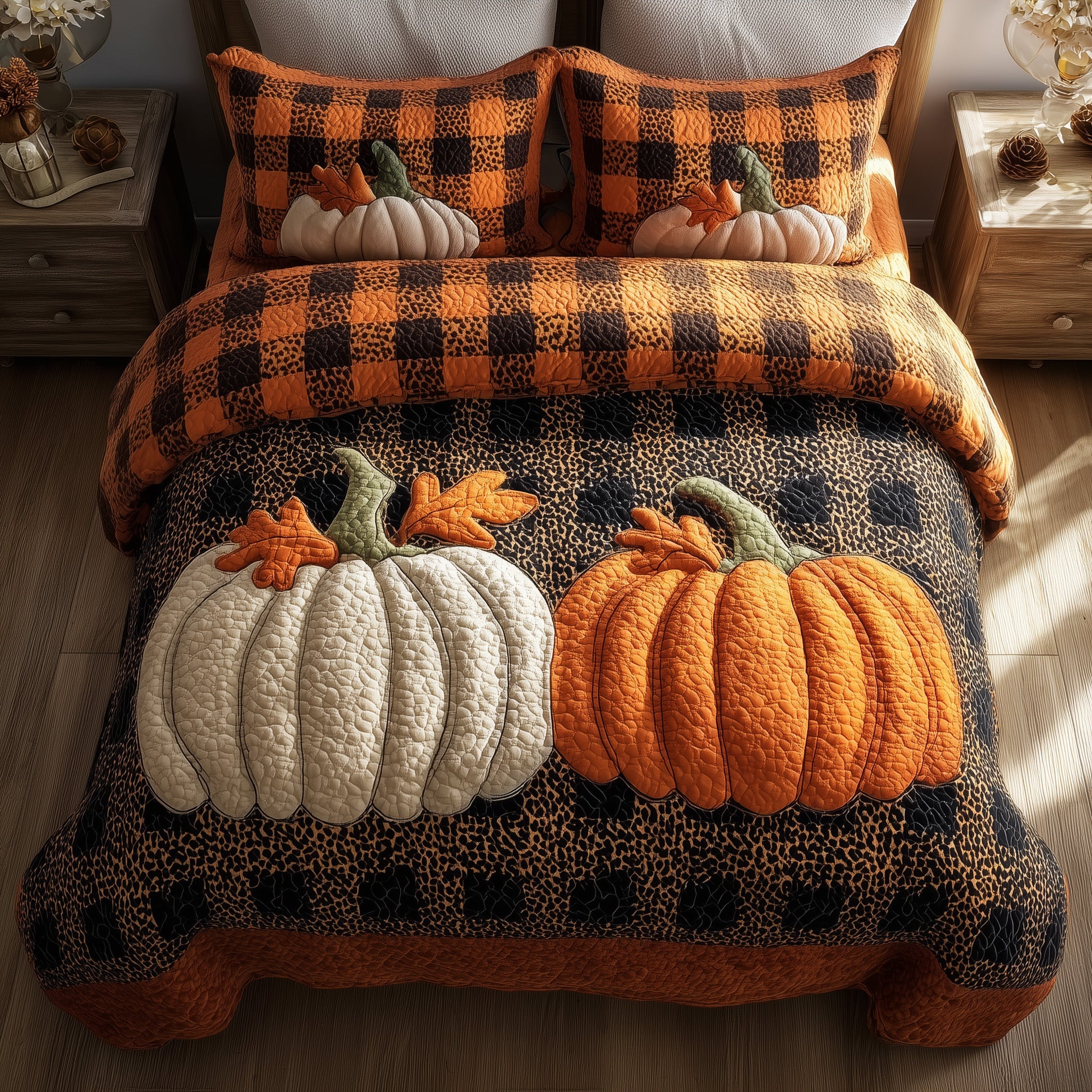 Pumpkin Charm Quilted Bedding Set For Couples