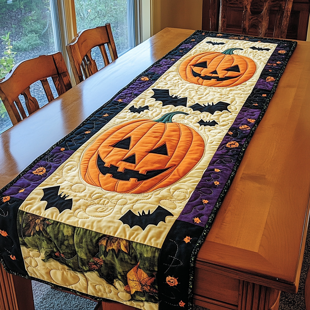 Pumpkin Charm Quilted Table Runner Spooky Table Runner Halloween Dining Room Decor