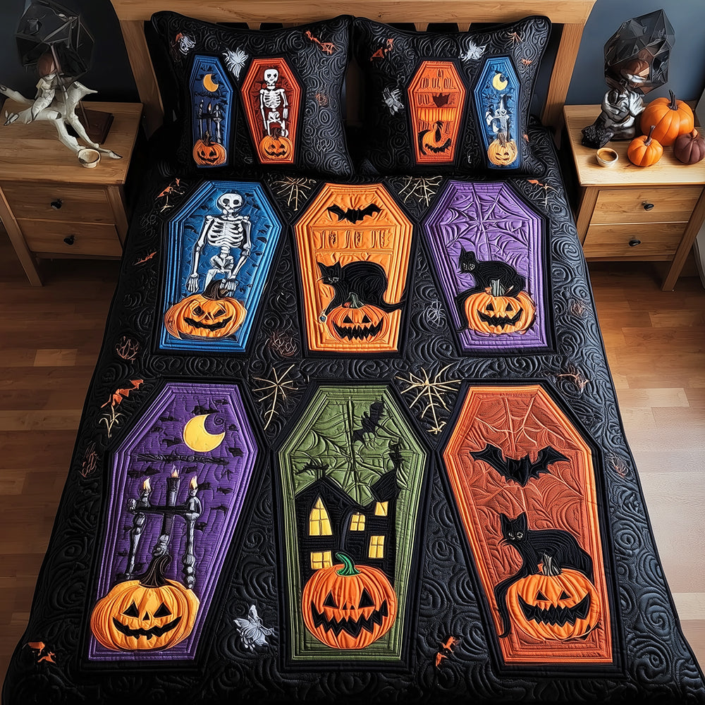 Pumpkin Coffins Quilted Bedding Set Spooky Bed Sheets Gift For Family