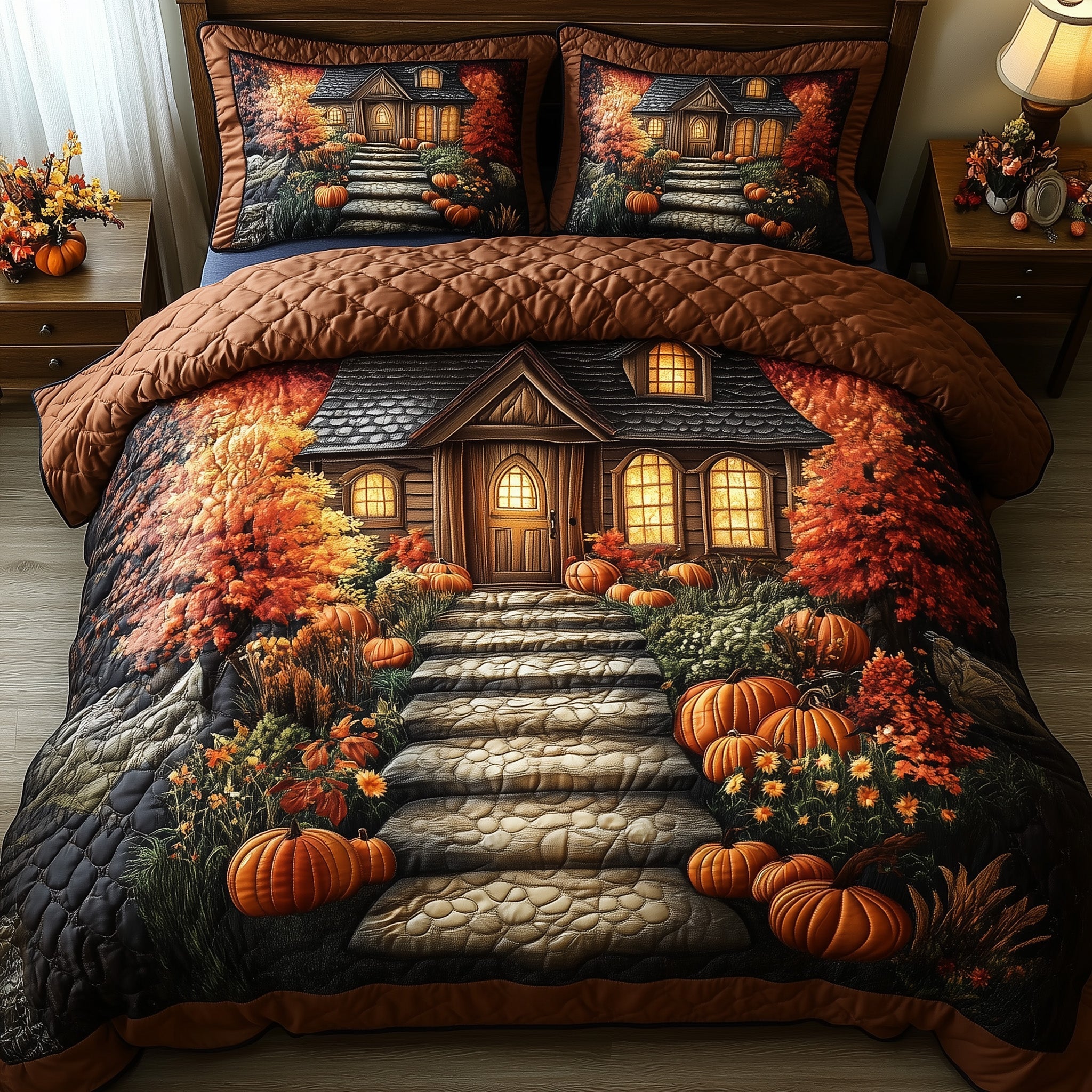 Pumpkin Cottage Glow Quilted Bedding Set Duvet Cover Merchandise Apartment Warming Gift