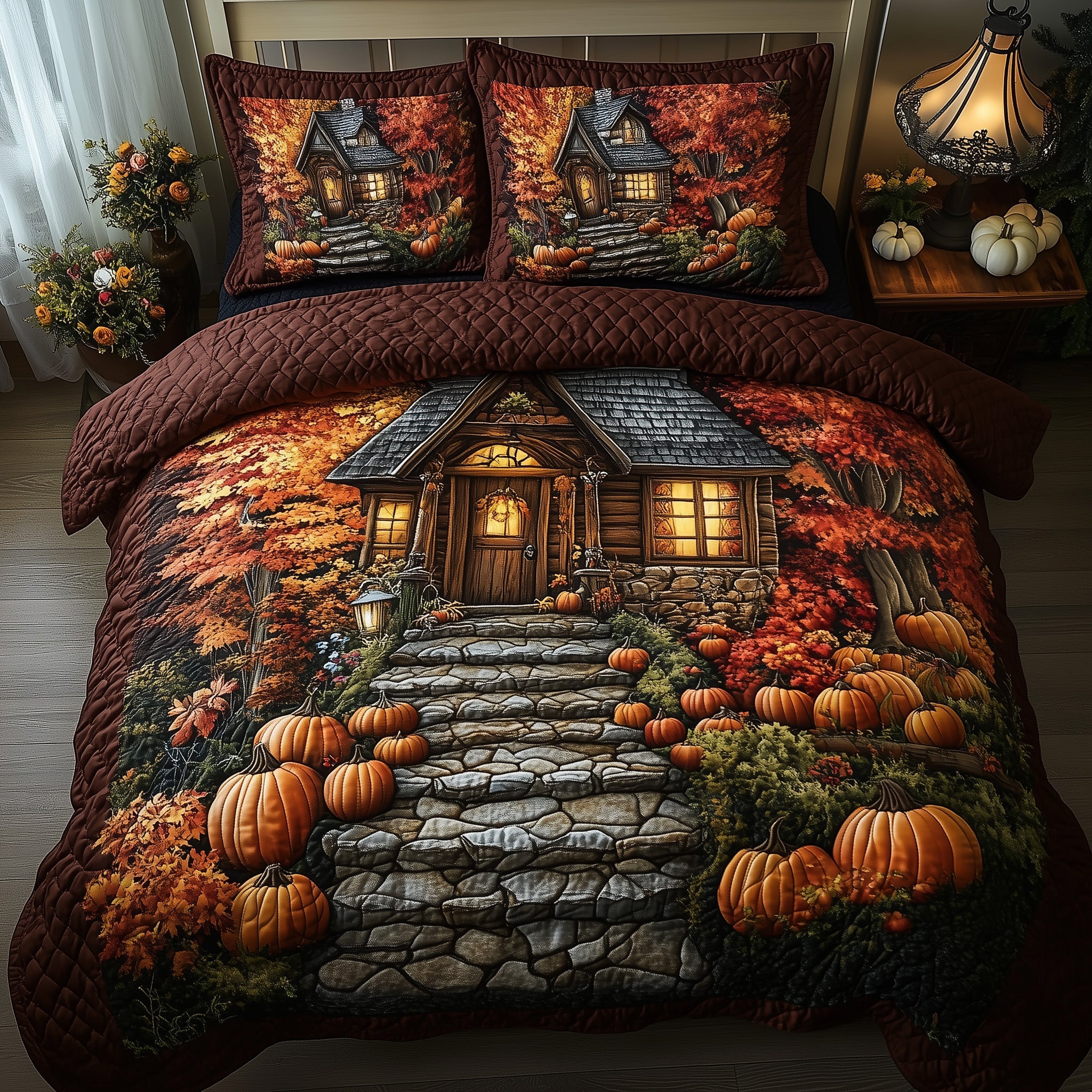 Pumpkin Cottage Glow Quilted Bedding Set Duvet Cover Merchandise Best Housewarming Gifts For Guys