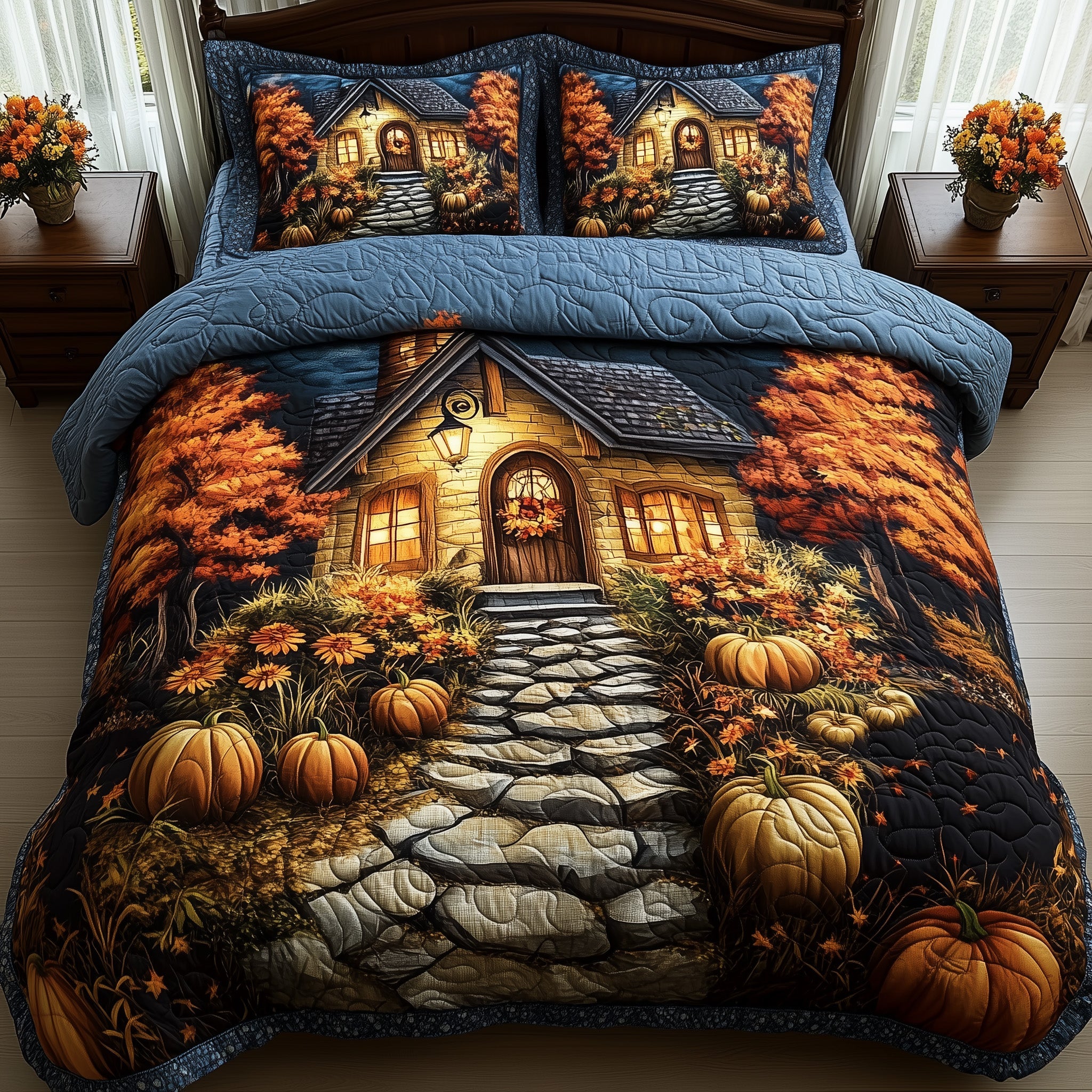 Pumpkin Cottage Glow Quilted Bedding Set Duvet Cover Merchandise Best Housewarming Presents