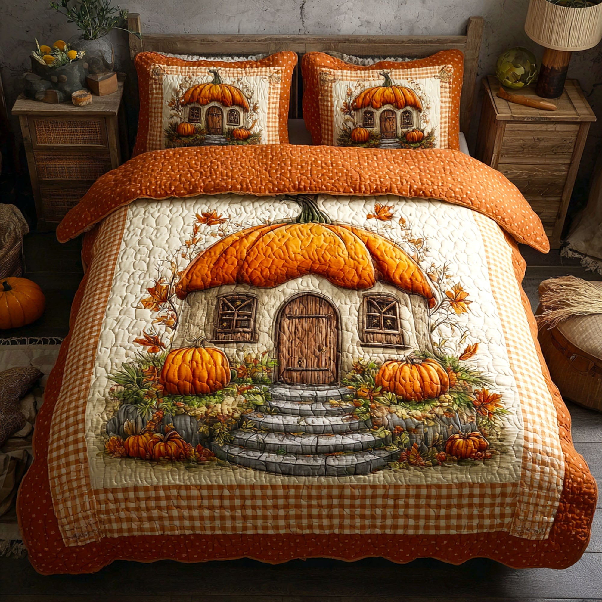 Pumpkin Cottage Quilted Bedding Set Holiday Season Duvet Cover Set Unique Thanksgiving Gifts