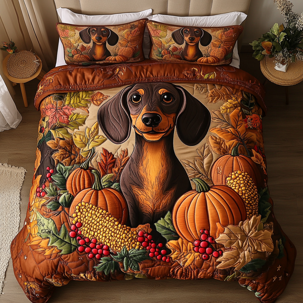 Pumpkin Dachshund Quilted Bedding Set Holiday Duvet Cover Set Dachshund Xmas Decorations