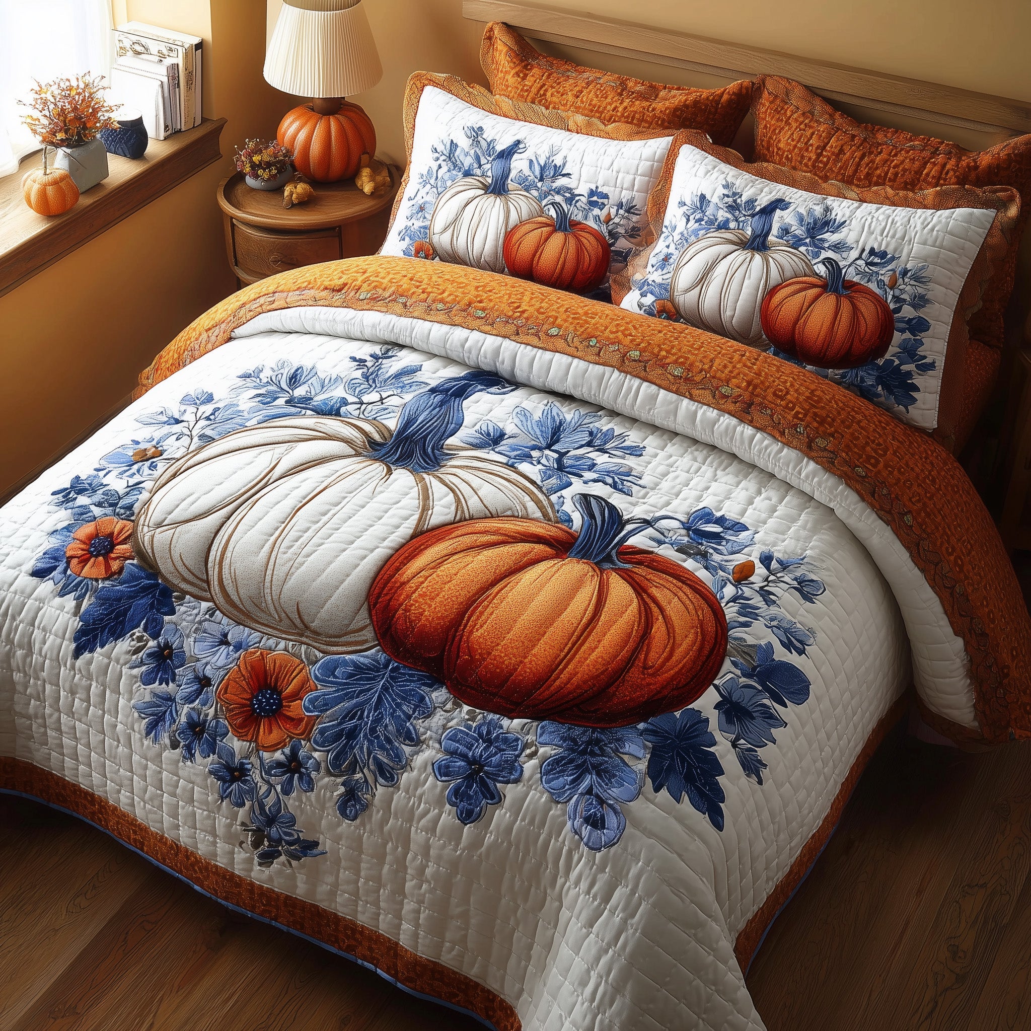 Pumpkin Delight Quilted Bedding Set Cotton Sateen
