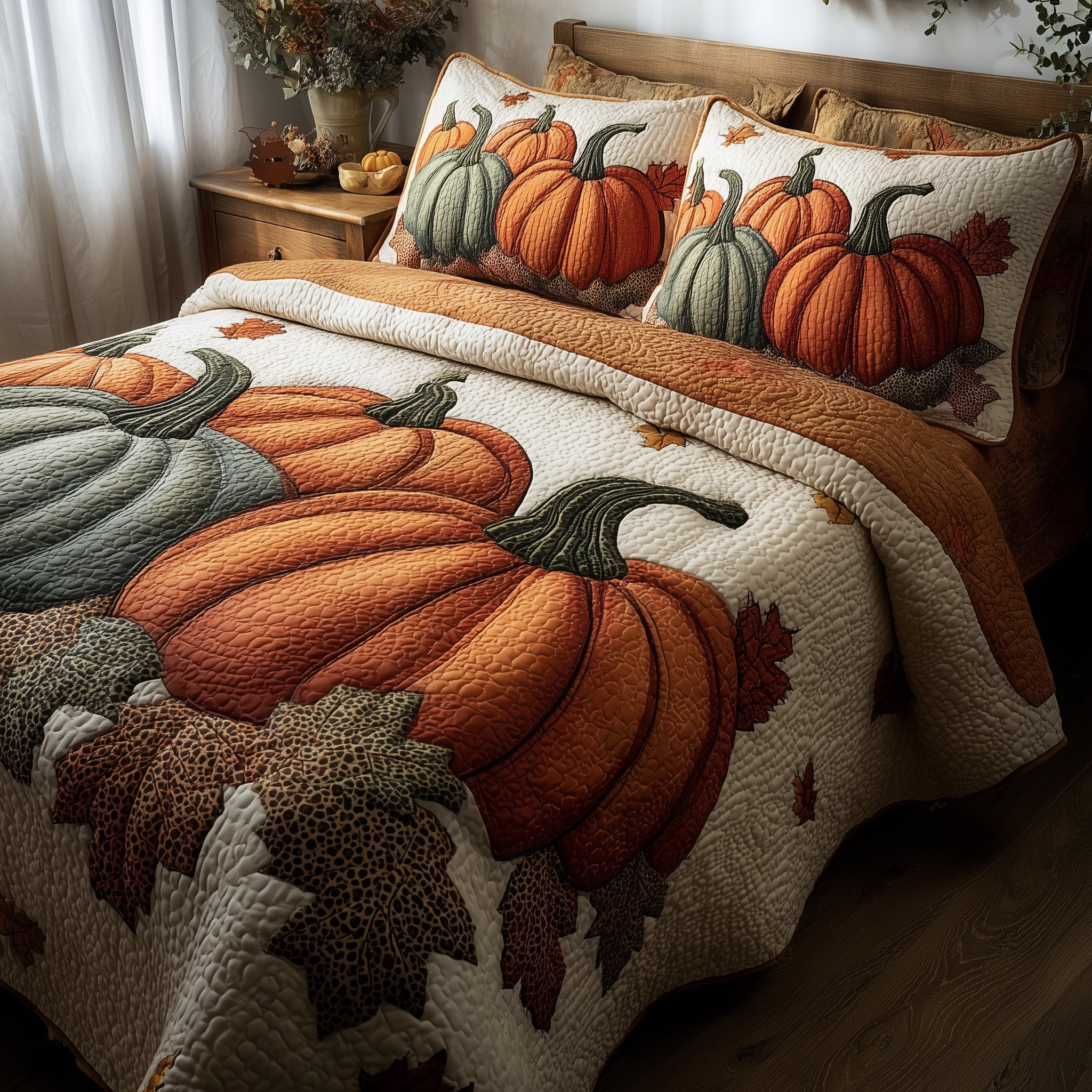 Pumpkin Delight Quilted Bedding Set Floral Print