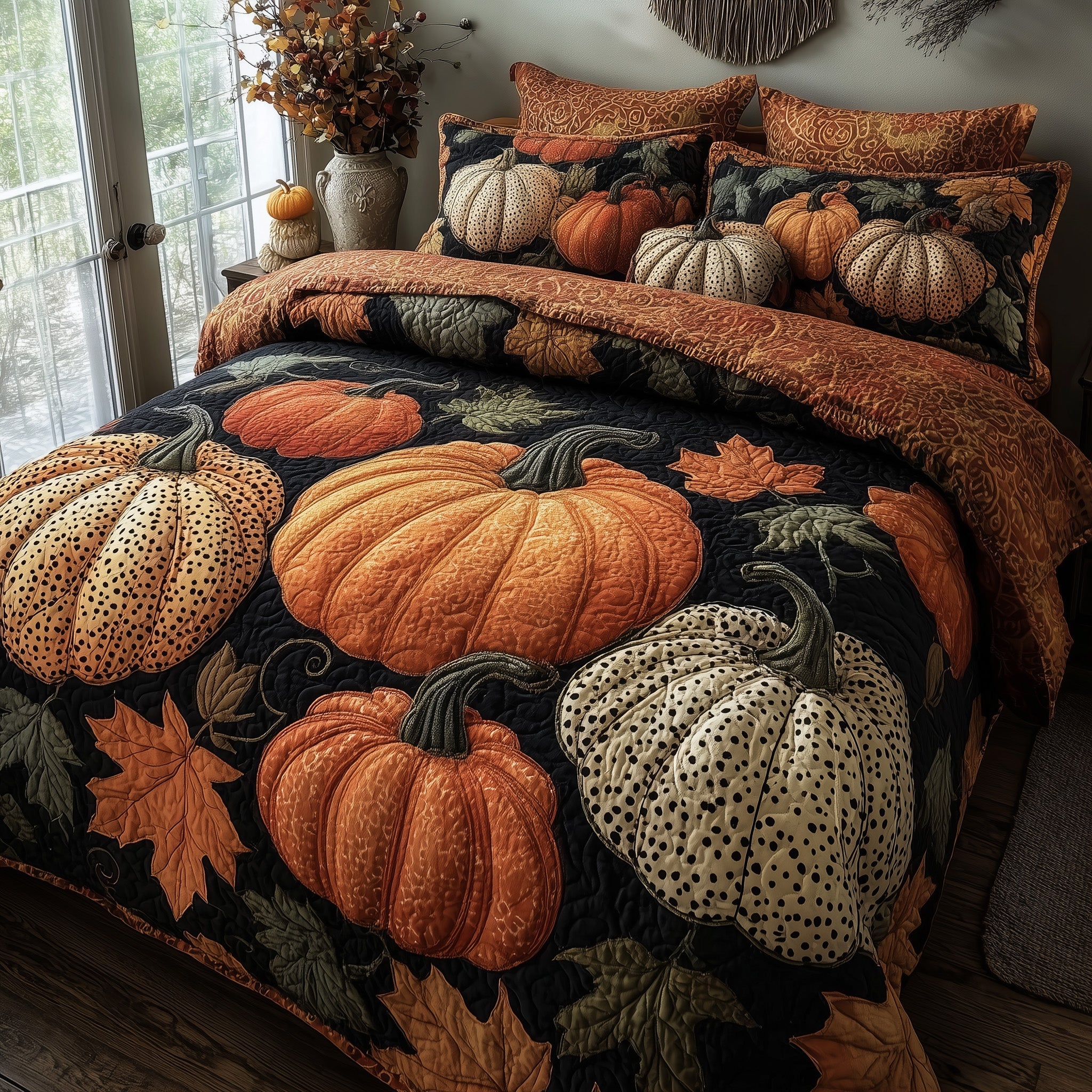 Pumpkin Delight Quilted Bedding Set For Couples