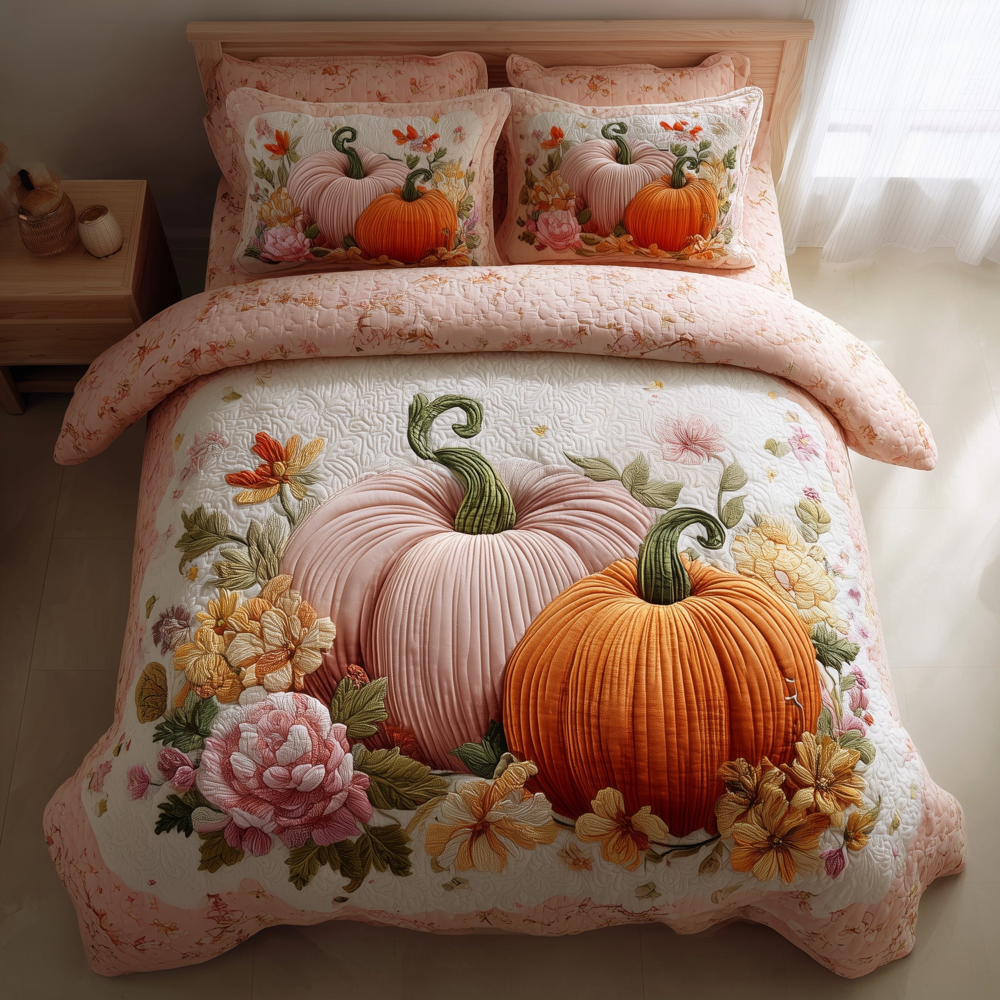 Pumpkin Delight Quilted Bedding Set For Kids