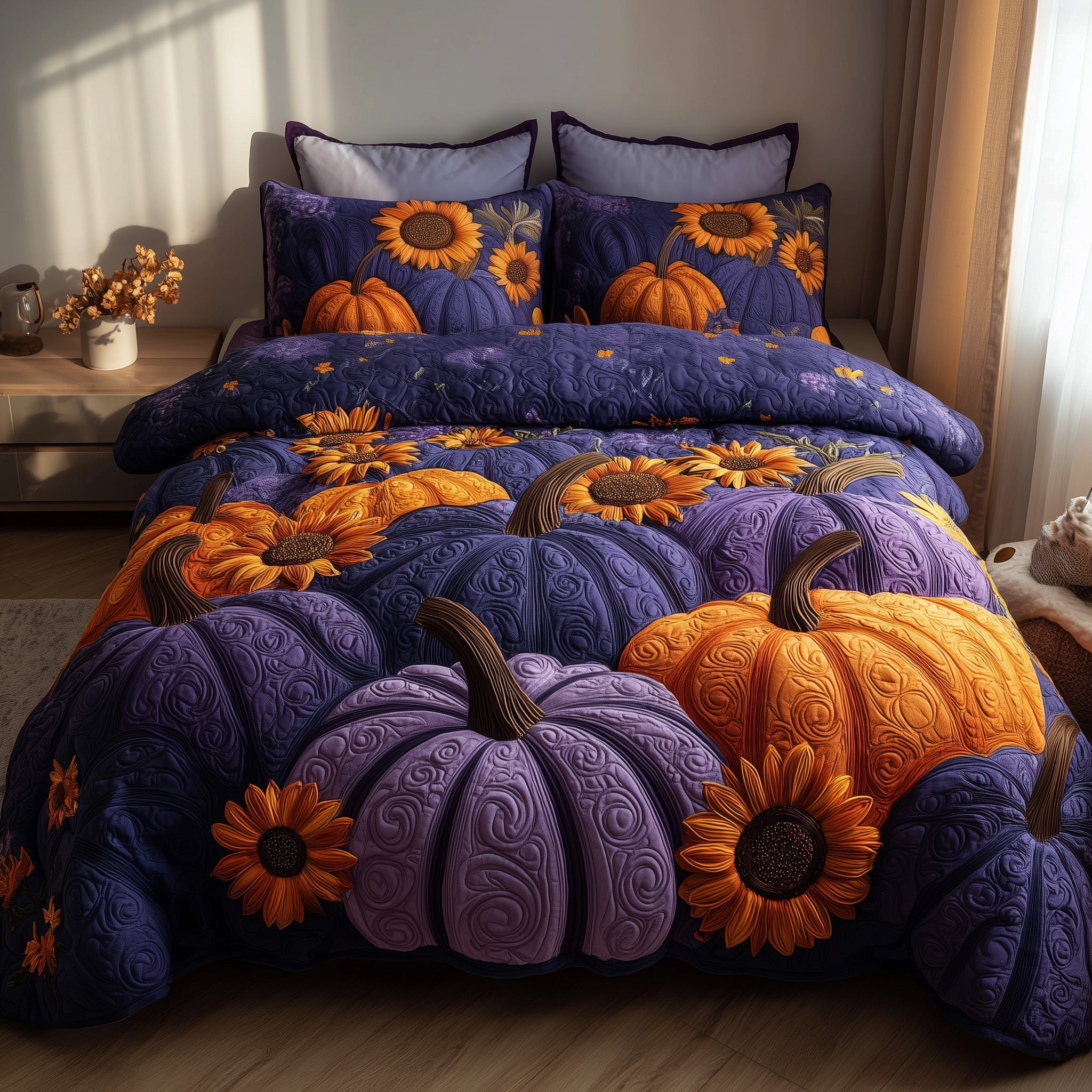 Pumpkin Delight Quilted Bedding Set Holiday Gift