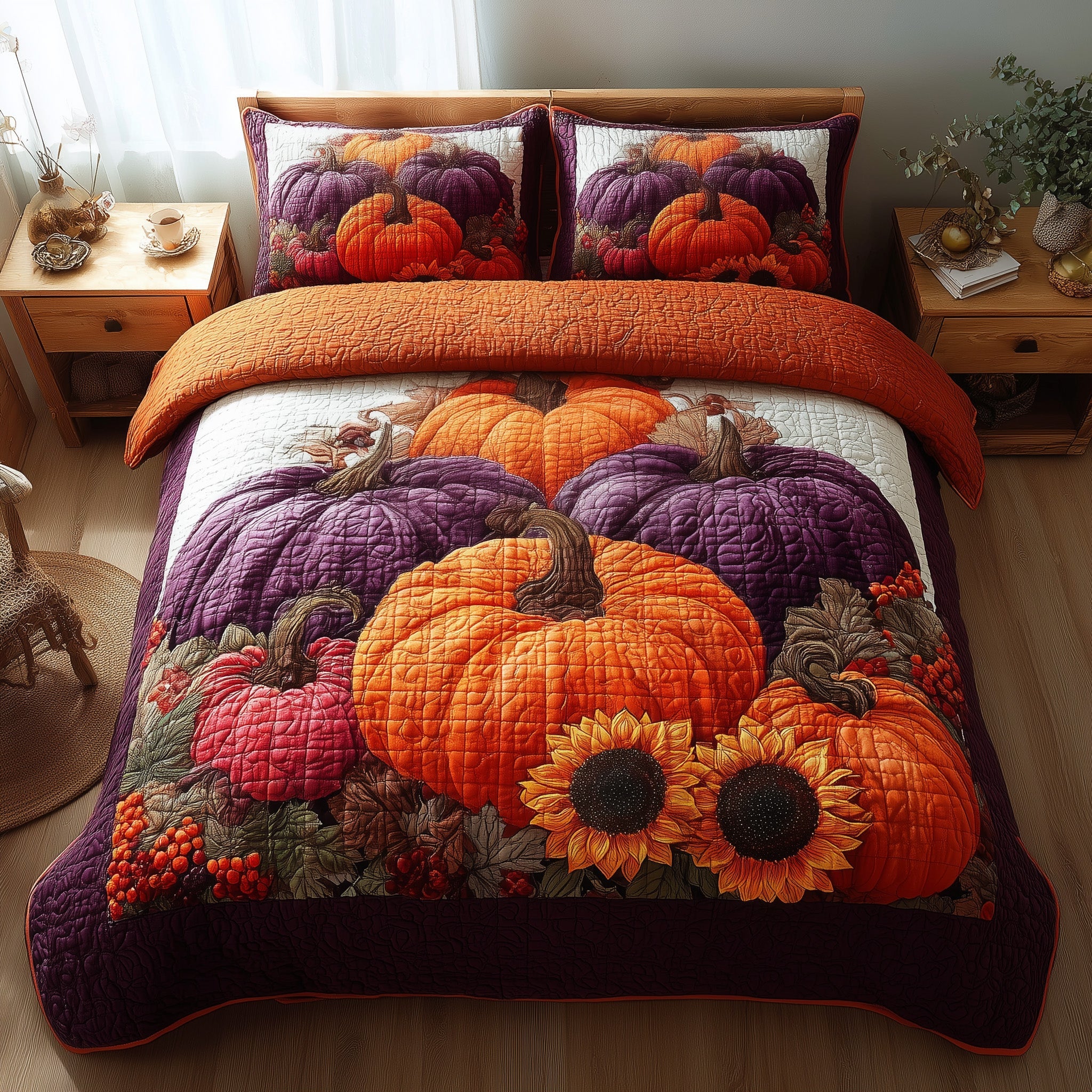 Pumpkin Delight Quilted Bedding Set Housewarming Gift