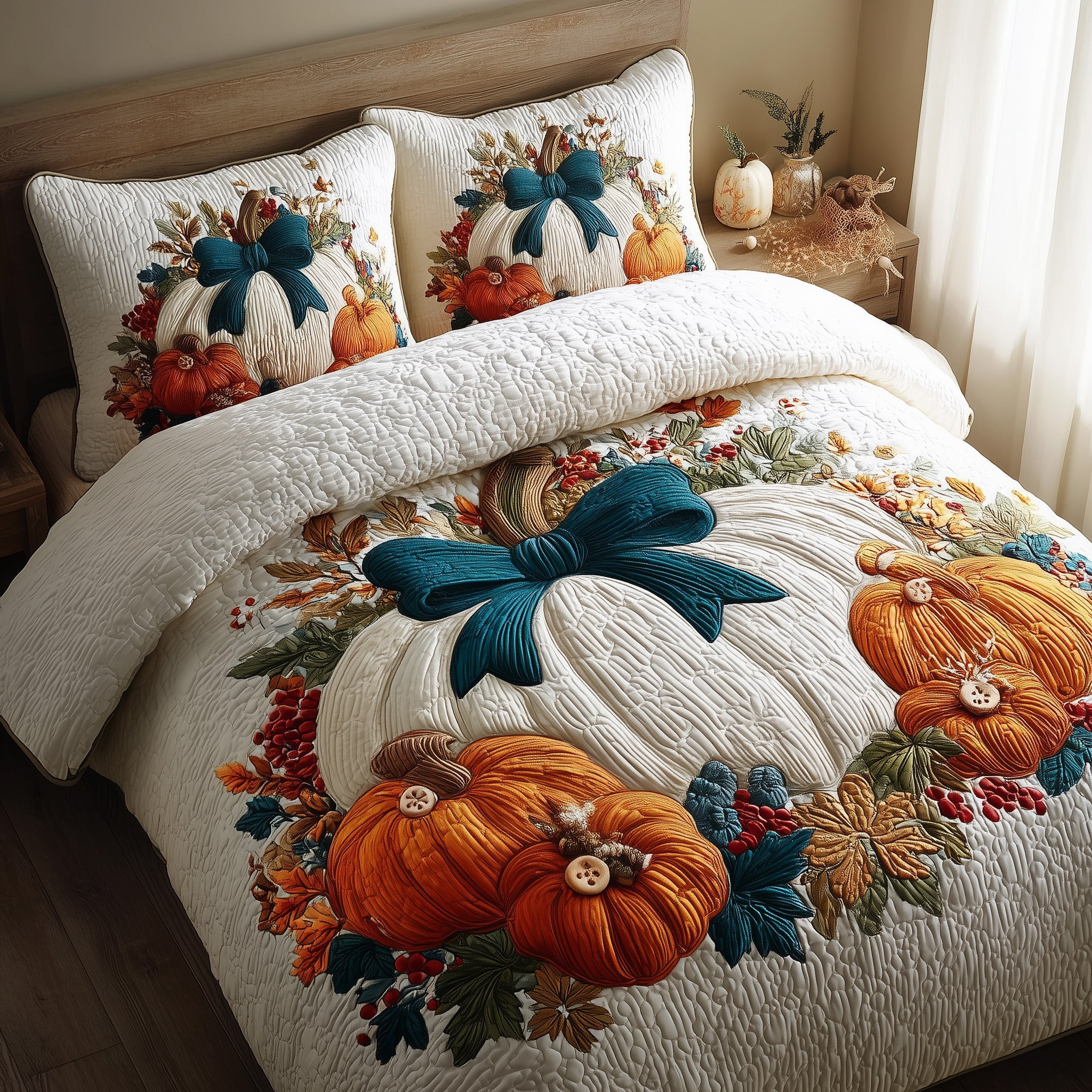 Pumpkin Delight Quilted Bedding Set Microfiber
