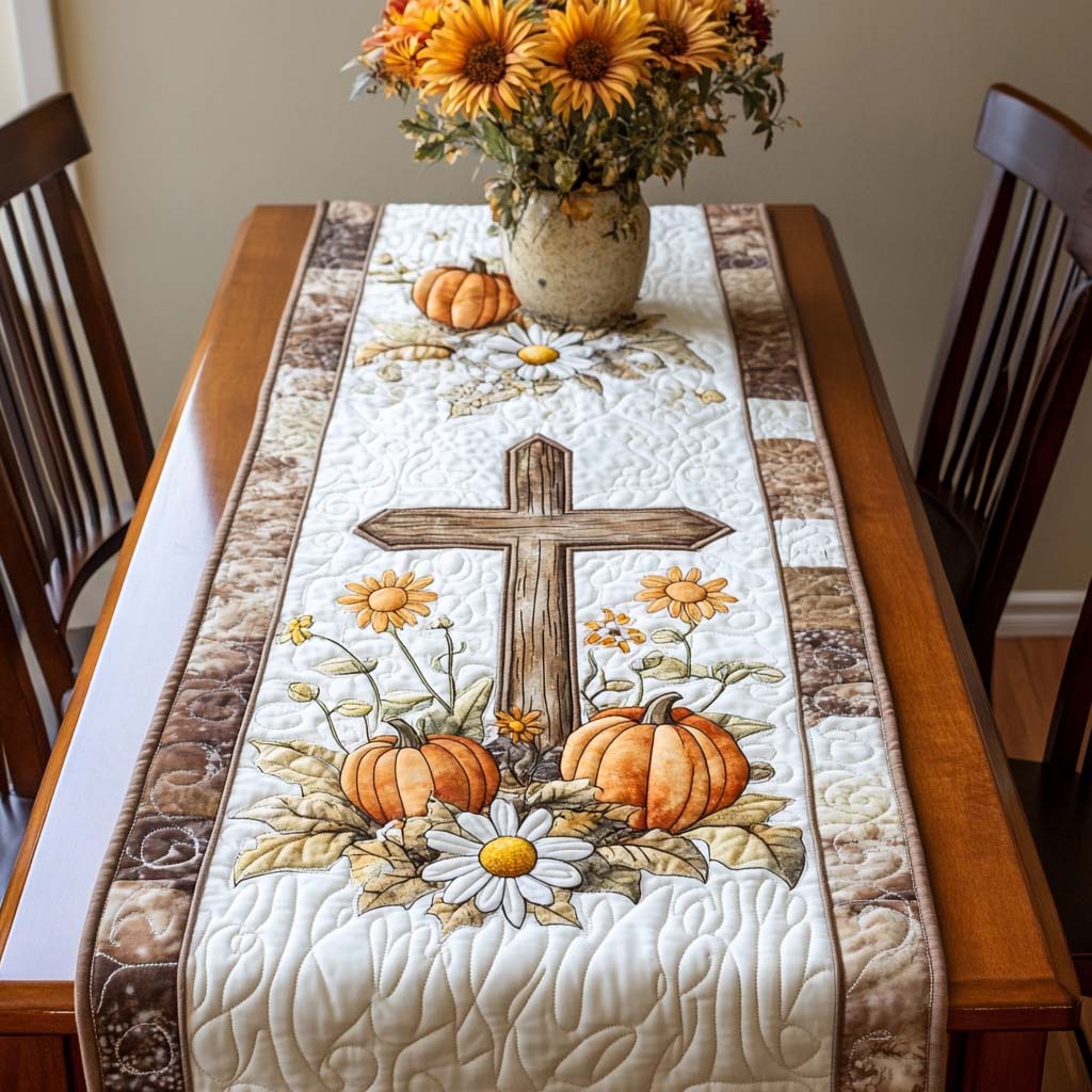 Pumpkin Devotion Quilted Table Runner Fall Table Runner Decor Gifts For Religious Woman