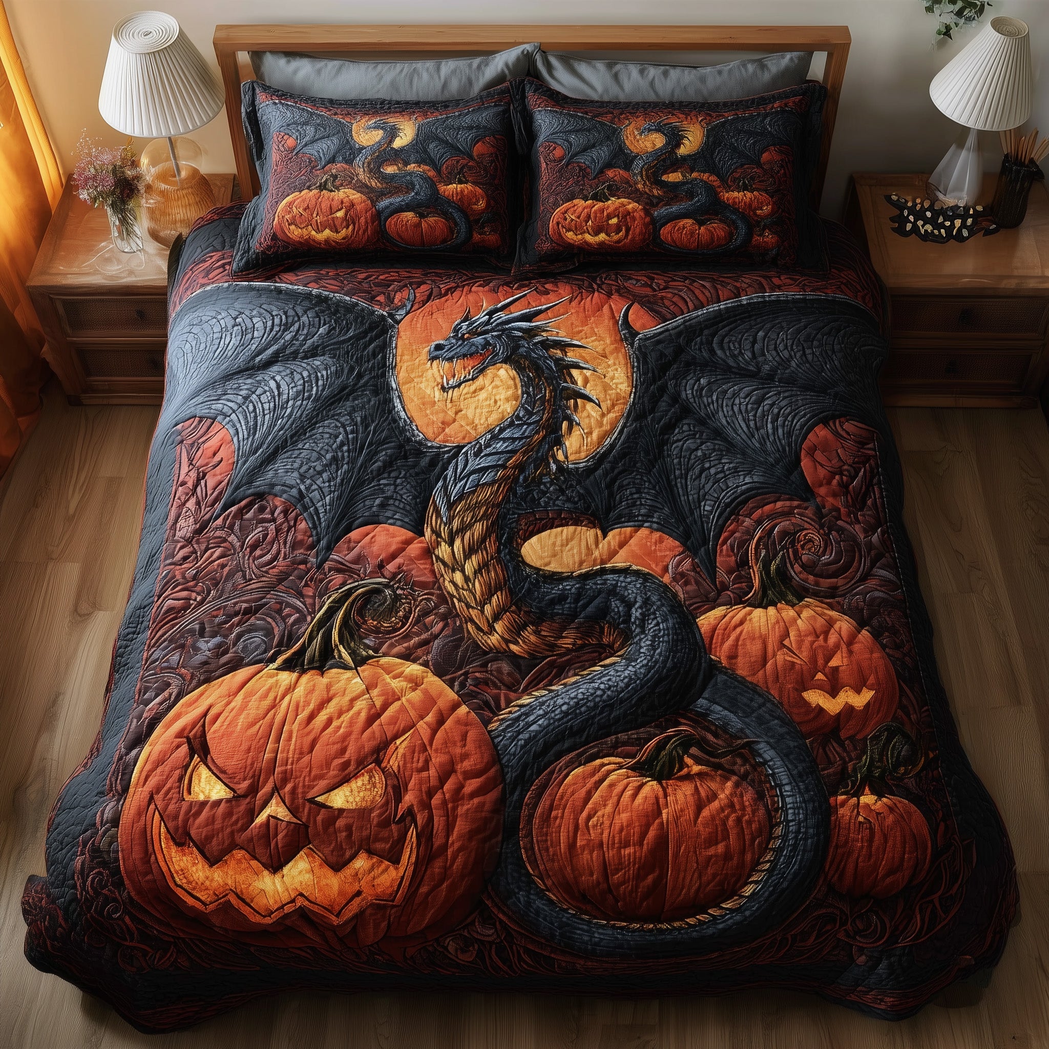 Pumpkin Dragon Quilted Bedding Set Bohemian Vibe