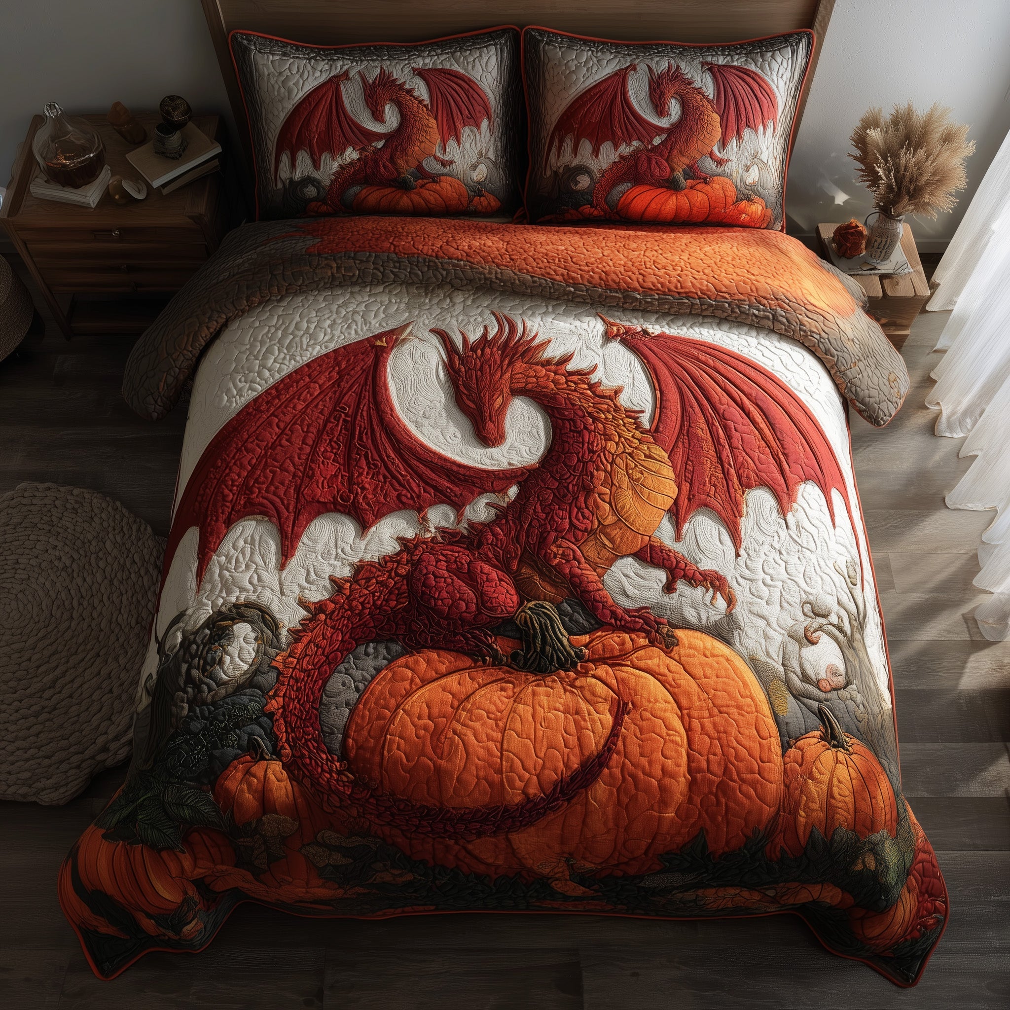 Pumpkin Dragon Quilted Bedding Set Breathable