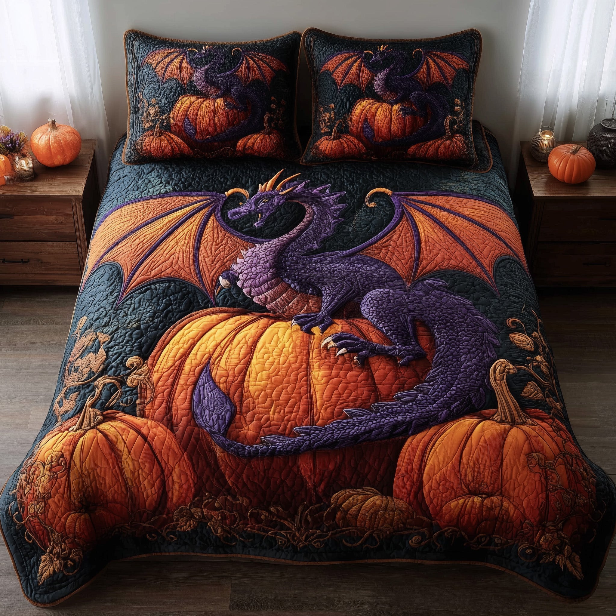 Pumpkin Dragon Quilted Bedding Set Classic Style