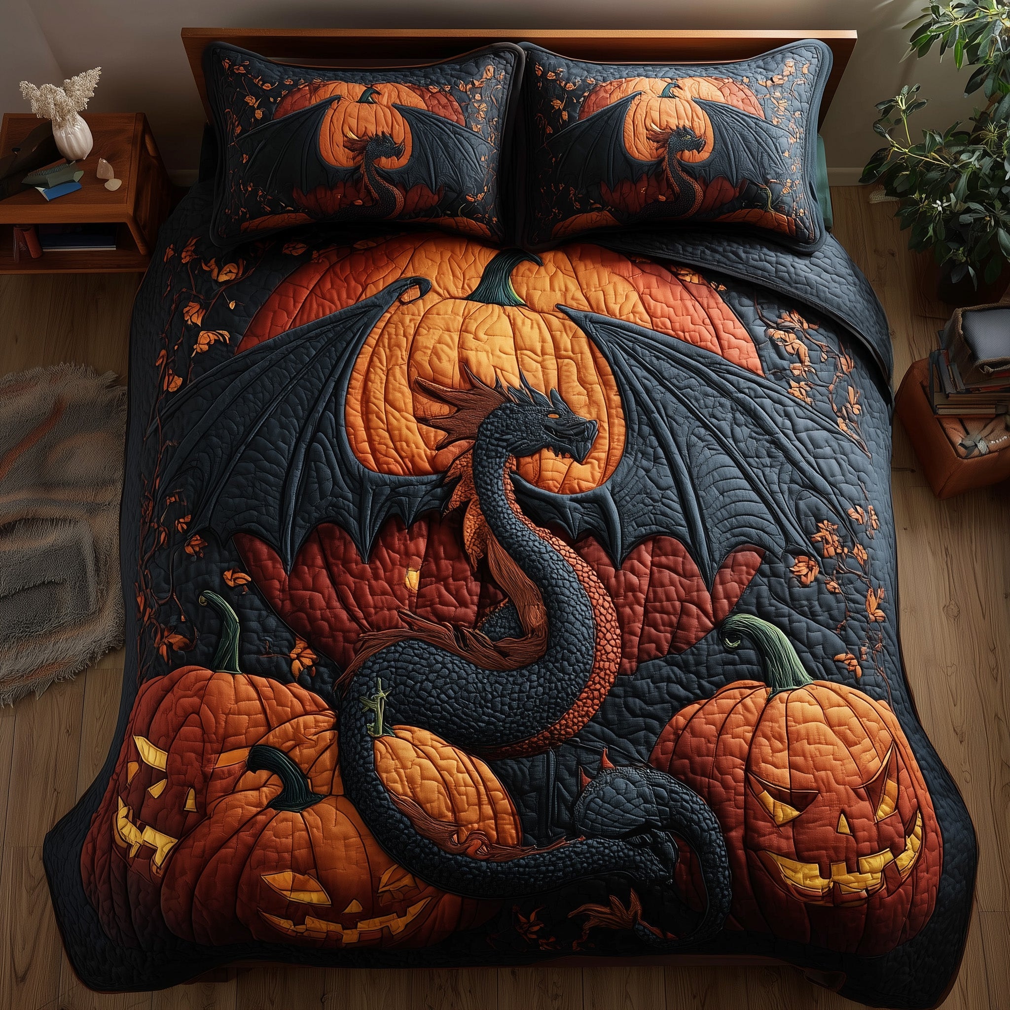Pumpkin Dragon Quilted Bedding Set For Women
