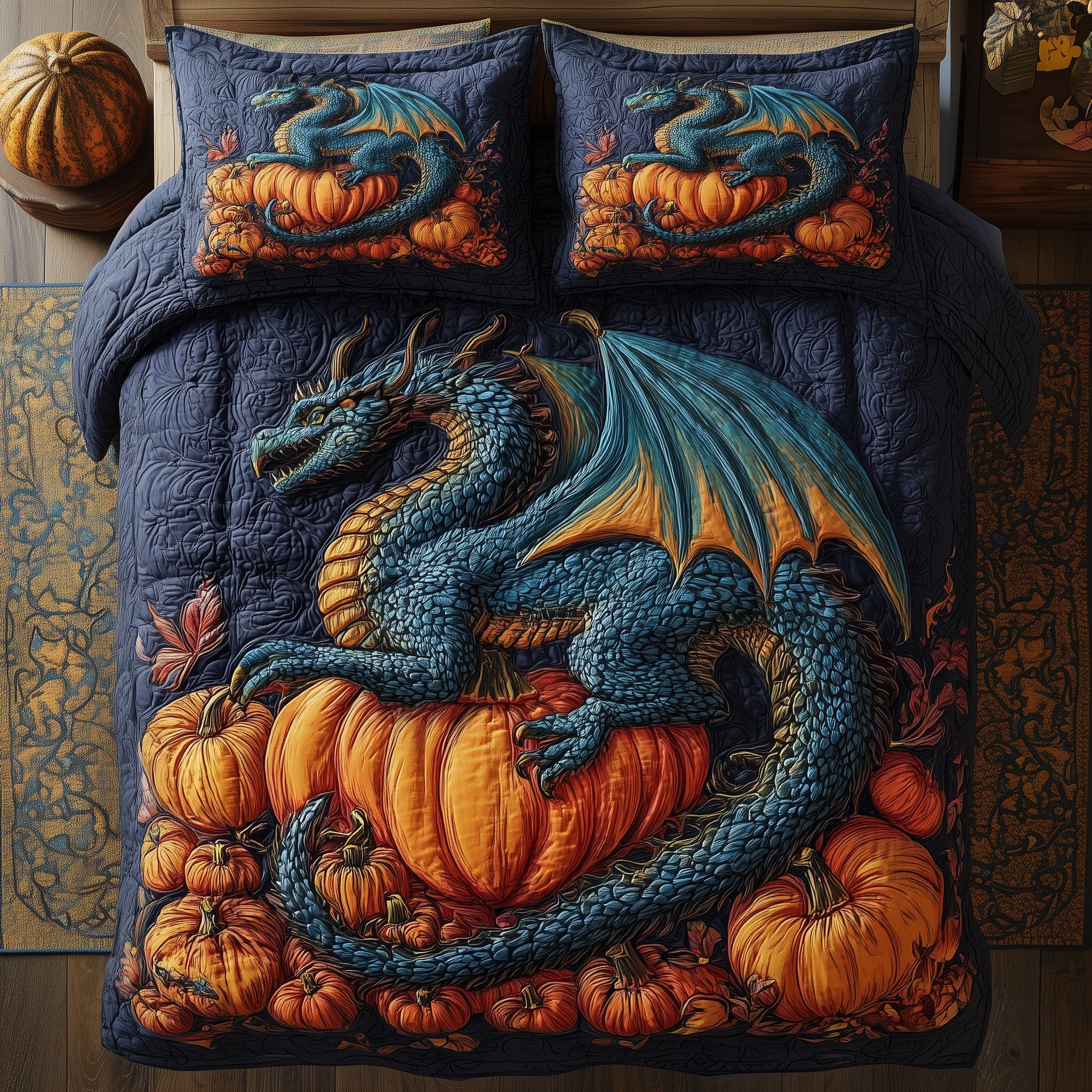 Pumpkin Dragon Quilted Bedding Set Home Decor Collection
