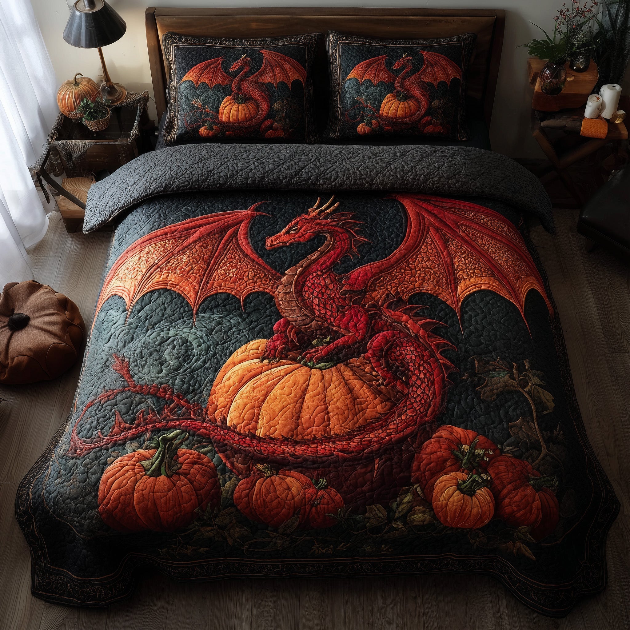 Pumpkin Dragon Quilted Bedding Set Hypoallergenic