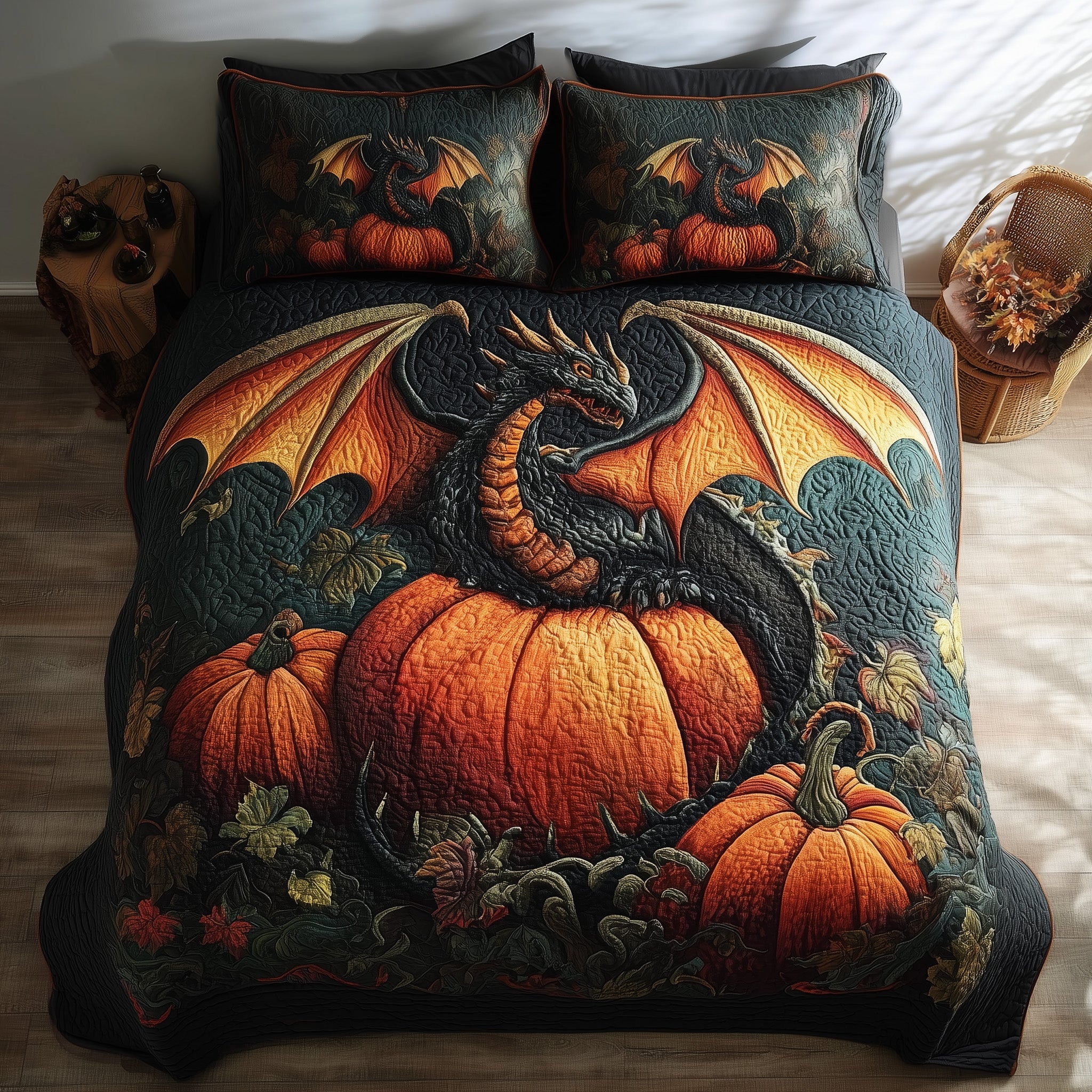 Pumpkin Dragon Quilted Bedding Set Lightweight