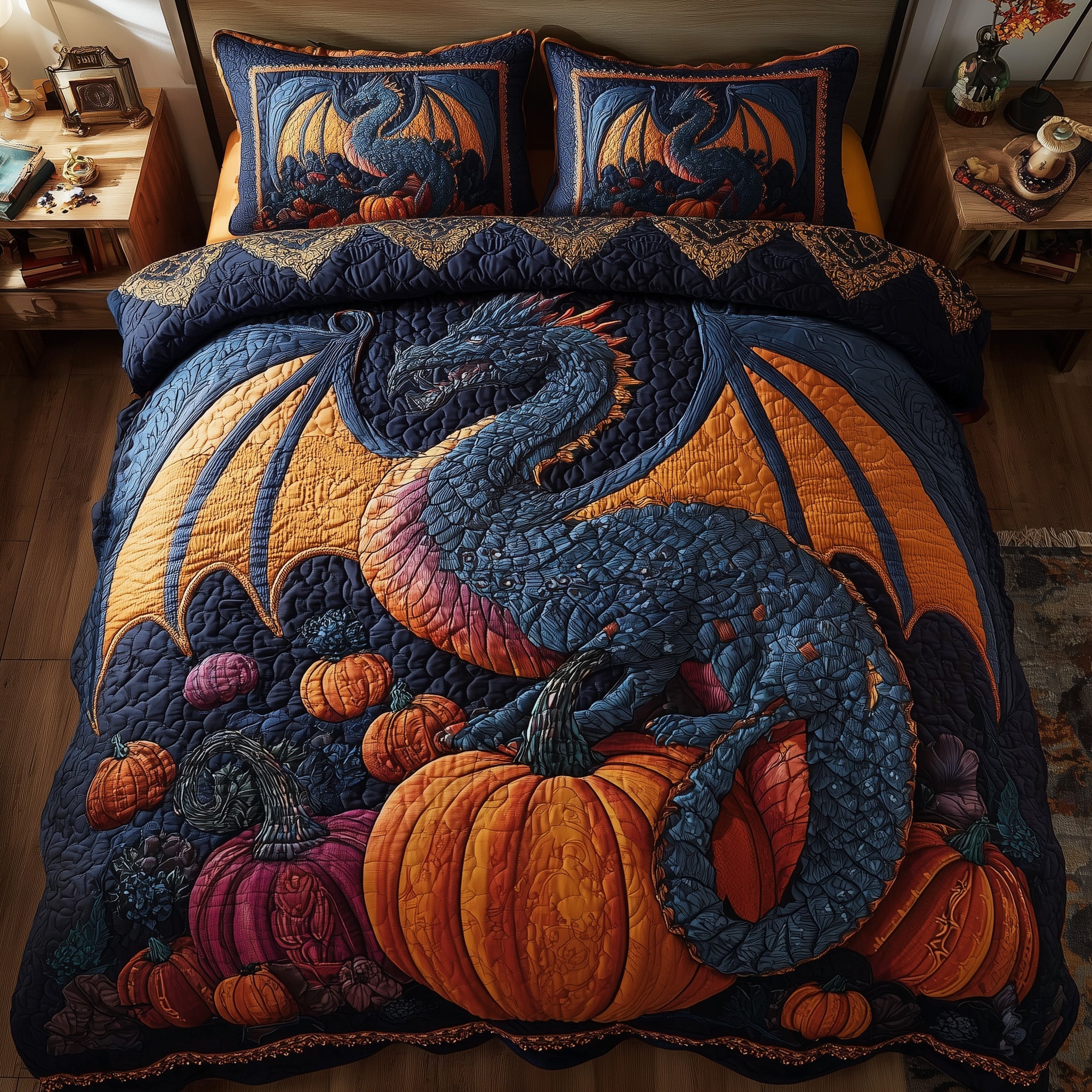 Pumpkin Dragon Quilted Bedding Set Machine Washable