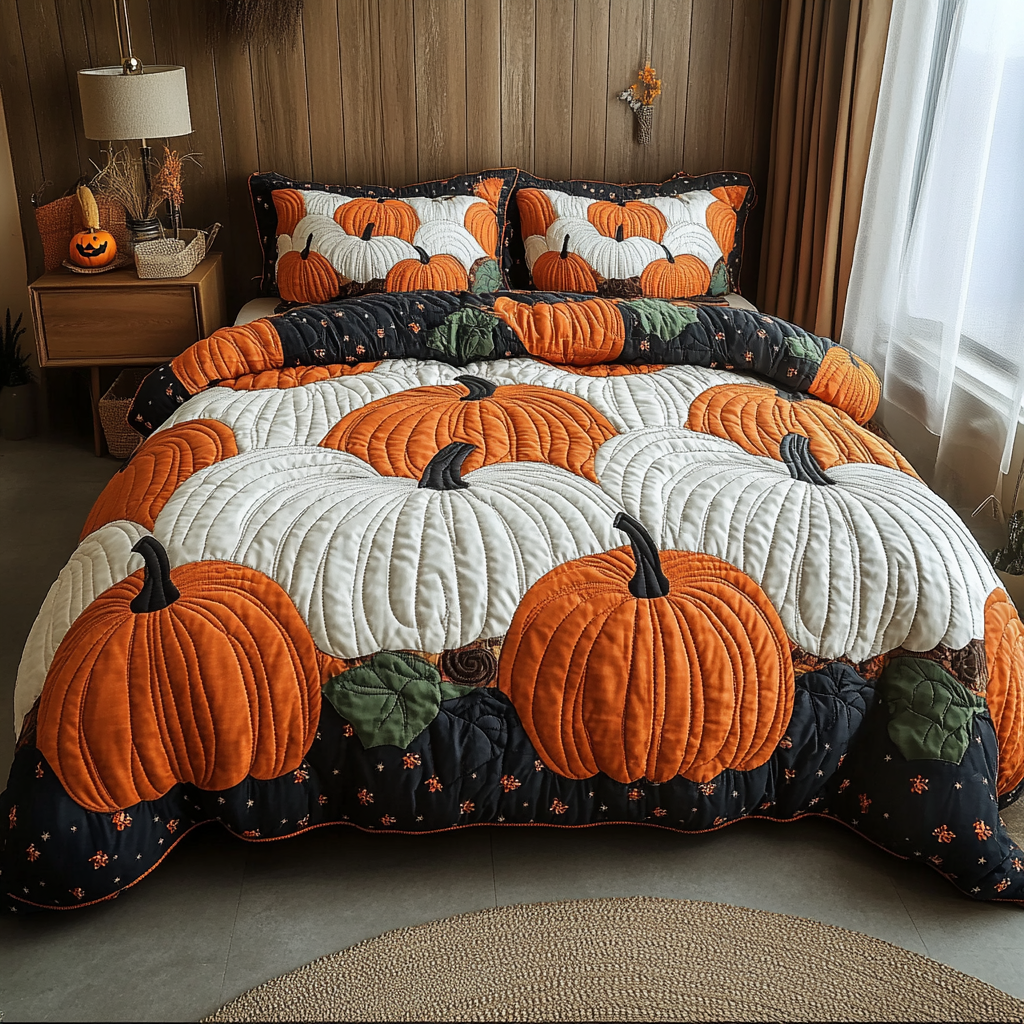Pumpkin Dreams Quilted Bedding Set Aesthetic Room Decor Cozy Fall Gift Ideas