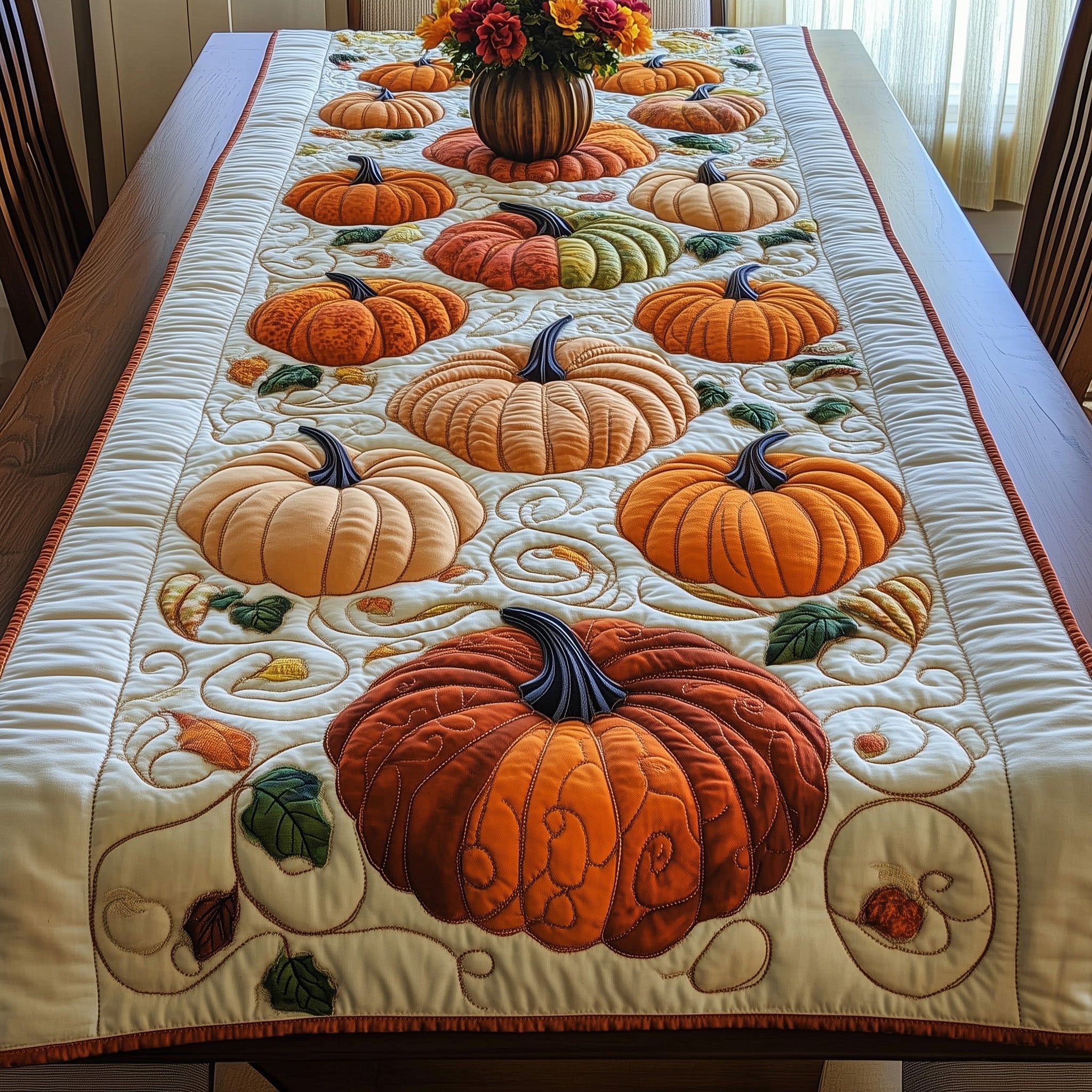 Pumpkin Elegance Quilted Table Runner Christmas Dining Room Table Runner