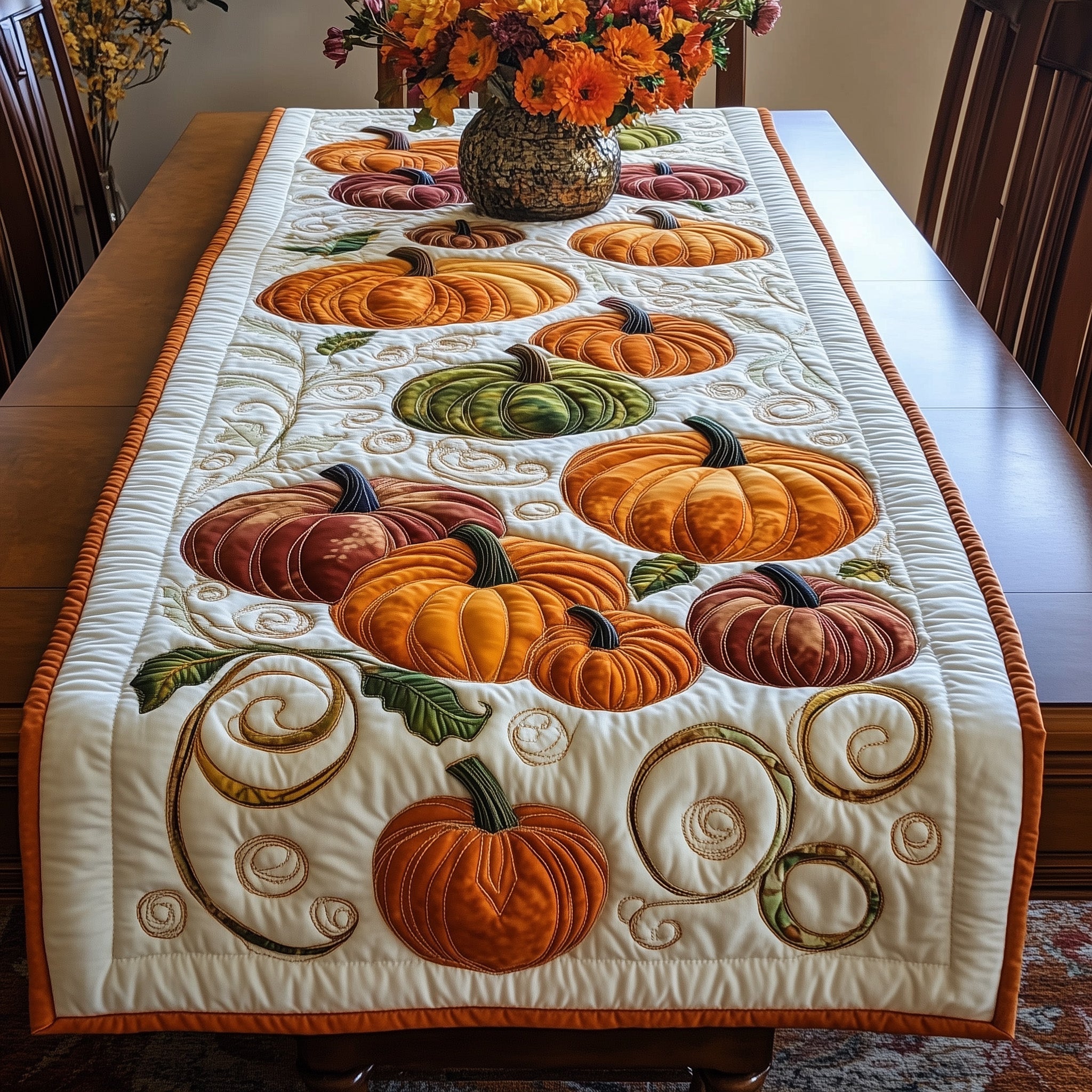 Pumpkin Elegance Quilted Table Runner Christmas Table Runner