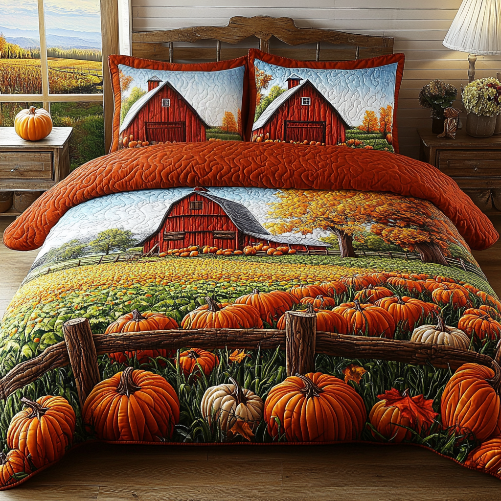 Pumpkin Field Quilted Bedding Set Unique Bed Sheet Set Cute Fall Gifts For Girlfriend