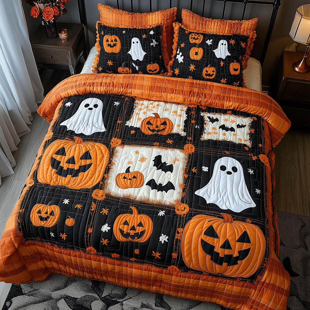 Pumpkin Ghosts Quilted Bedding Set Halloween Blanket Set Best Gifts For Family