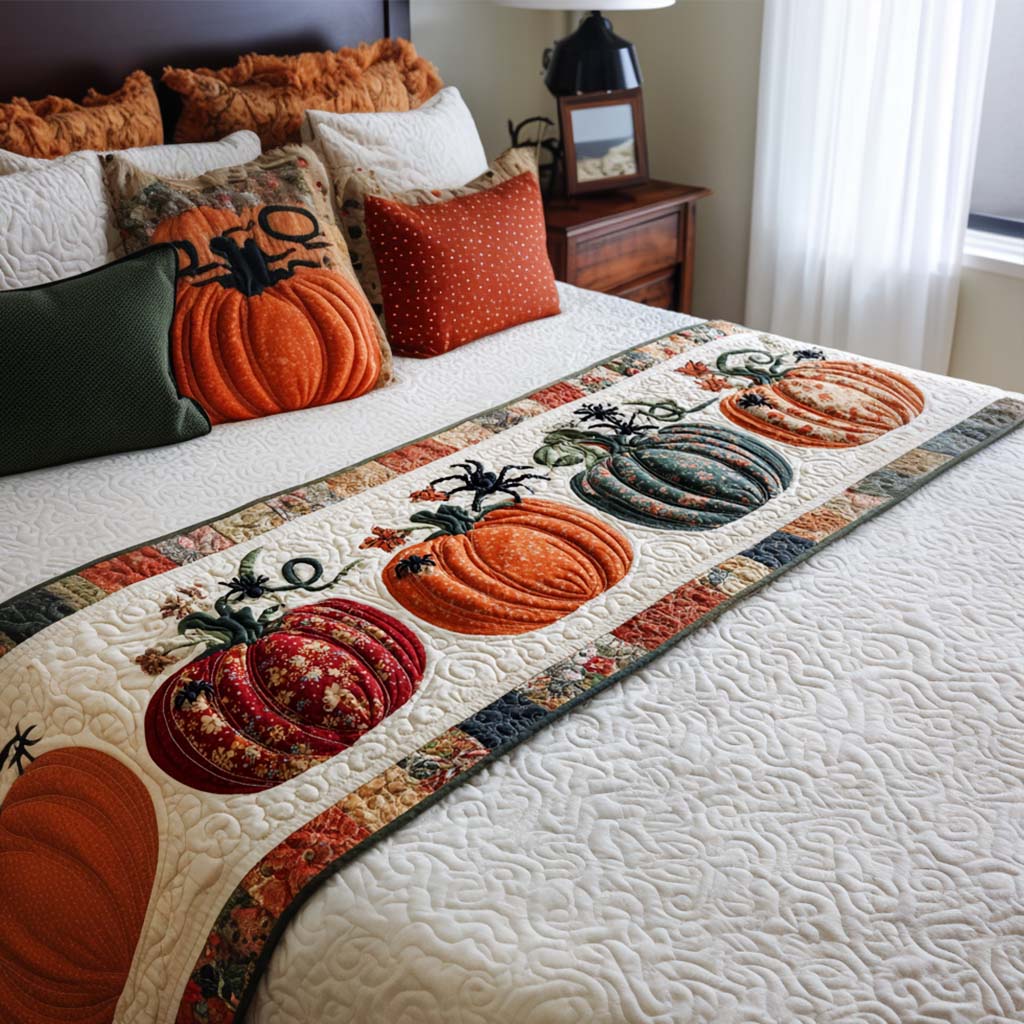 Pumpkin Glow Quilted Bed Runner Bed Decor Gift For Halloween