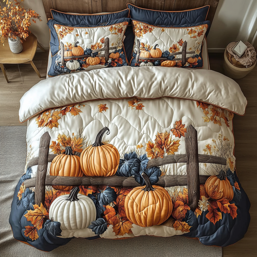 Pumpkin Glow Quilted Bedding Set Cozy Bedroom Decor Autumn Inspired Gifts