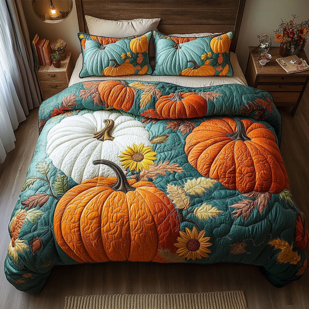 Pumpkin Glow Quilted Bedding Set Cute Room Decor Gift For Mid Autumn Festival