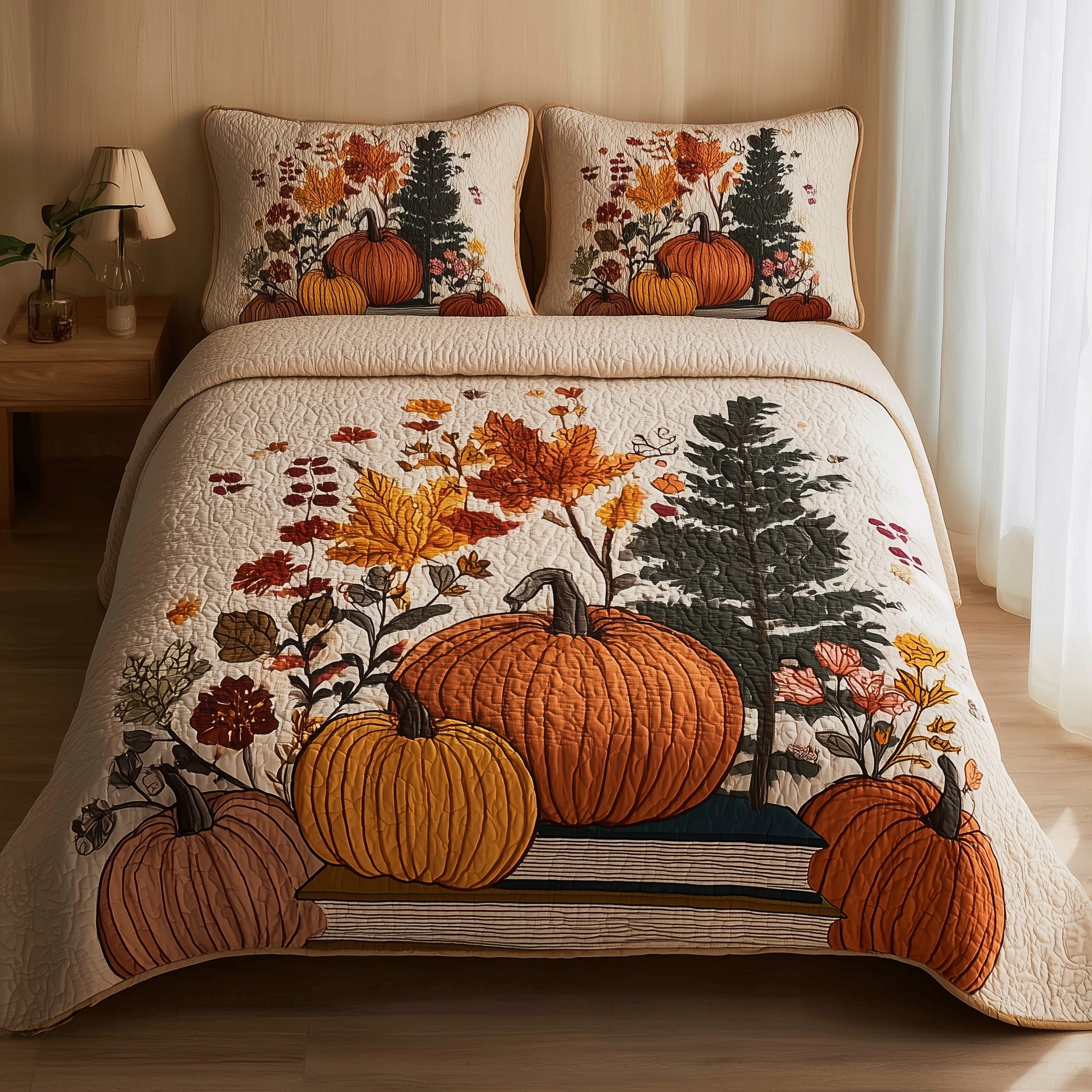 Pumpkin Glow Quilted Bedding Set Duvet Cover Bedspread Autumn Presents