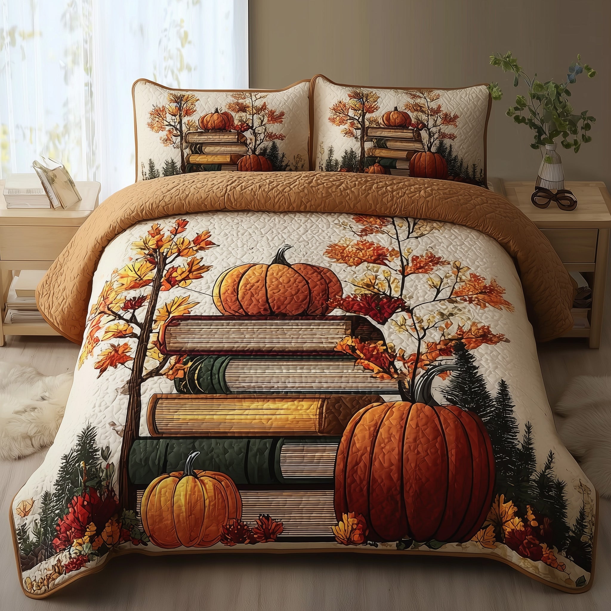 Pumpkin Glow Quilted Bedding Set Duvet Cover Bedspread Cozy Fall Gift Ideas