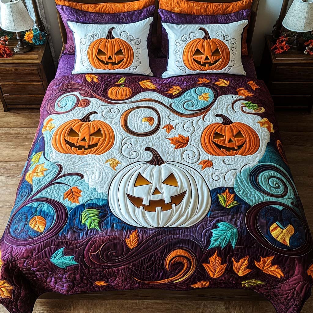 Pumpkin Glow Quilted Bedding Set Holiday Duvet Cover Set Halloween Gift Ideas