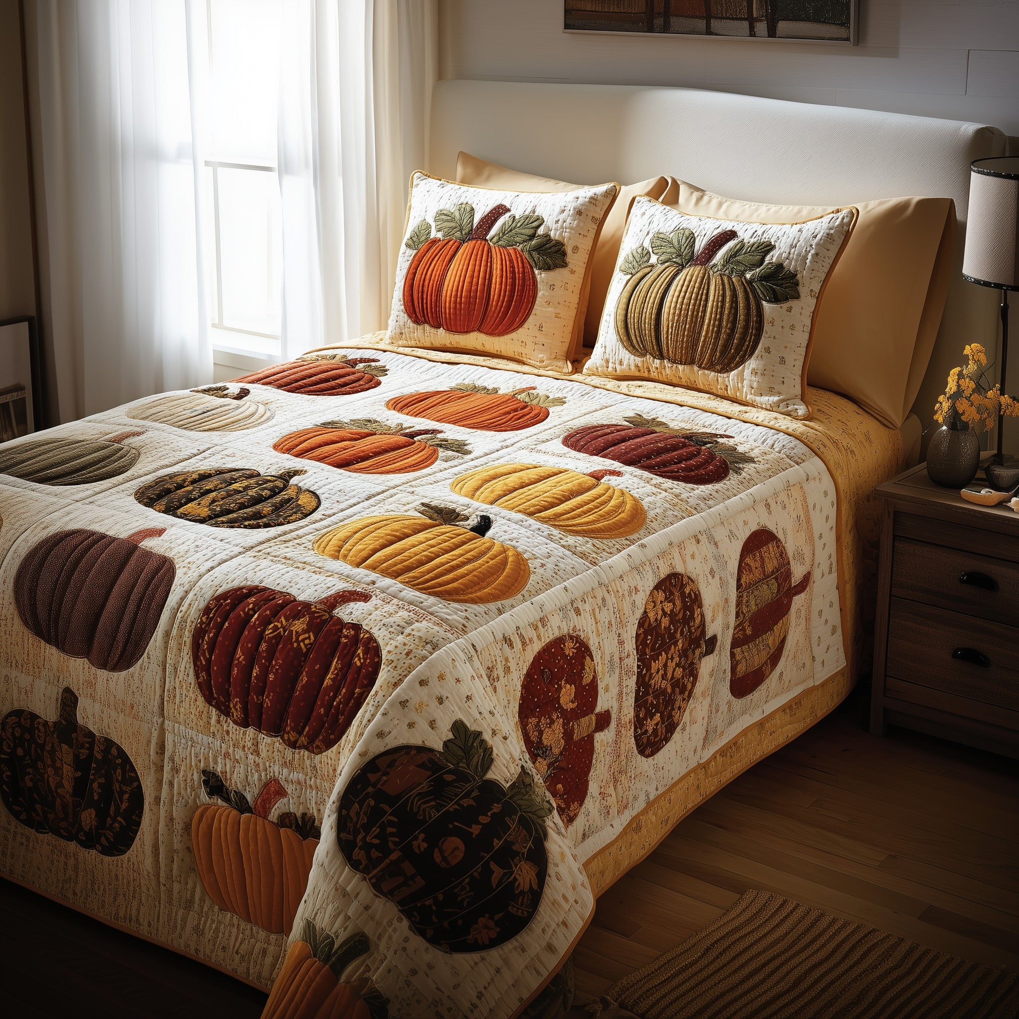 Pumpkin Glow Quilted Bedding Set Machine Washable