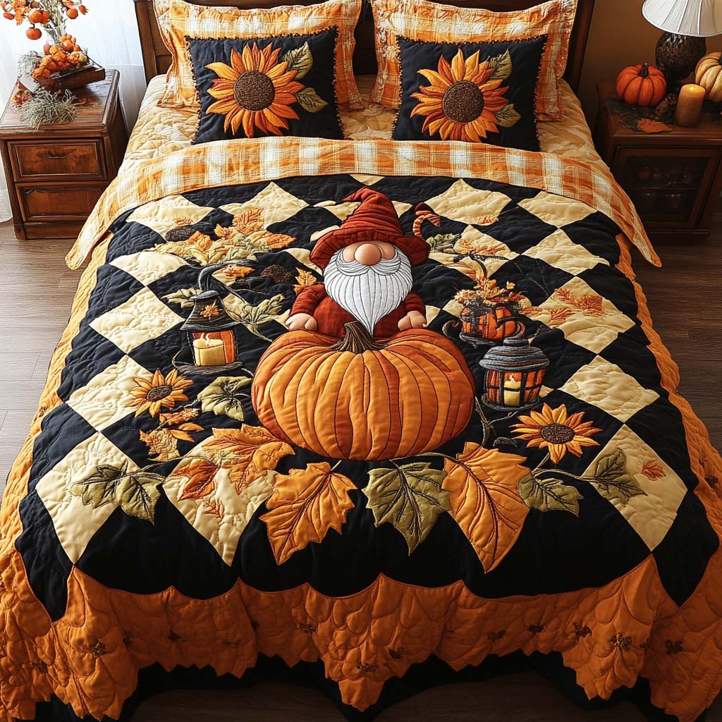 Pumpkin Gnome Lane Quilted Bedding Set Aesthetic Room Decor Cozy Fall Gift Ideas