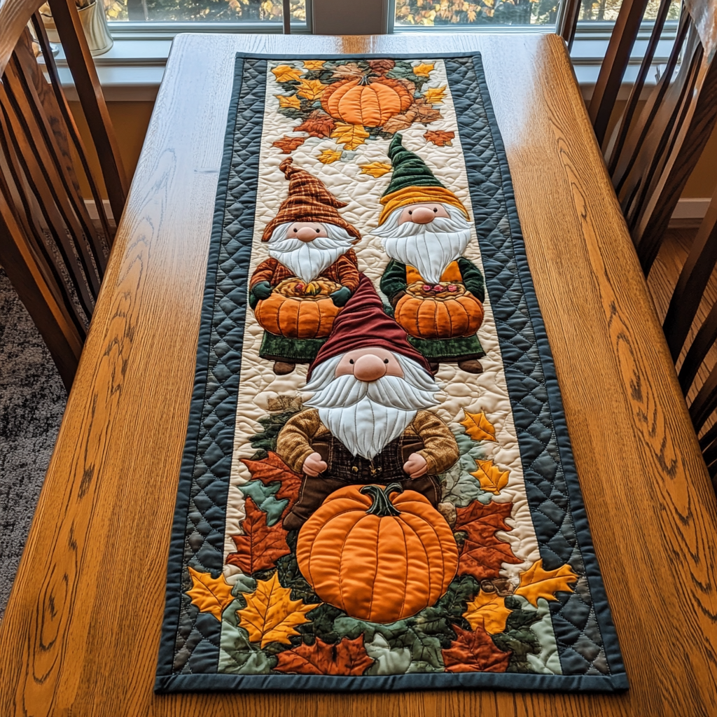 Pumpkin Gnome Quilted Table Runner Elegant Fall Table Runners Gifts For Mom